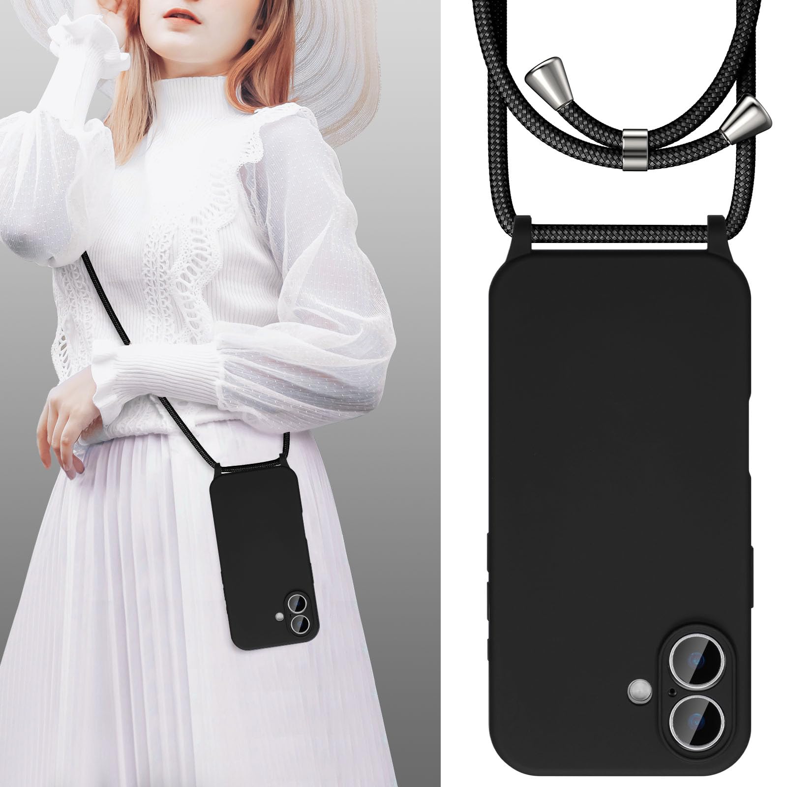 UEEBAI Adjustable Crossbody Lanyard Phone Case for iPhone 16 - Soft Silicone Cover with Neck Strap, Belt Cord & Secure Holder - Stylish Women's Accessory for Travel, Shopping & Everyday Use - Black