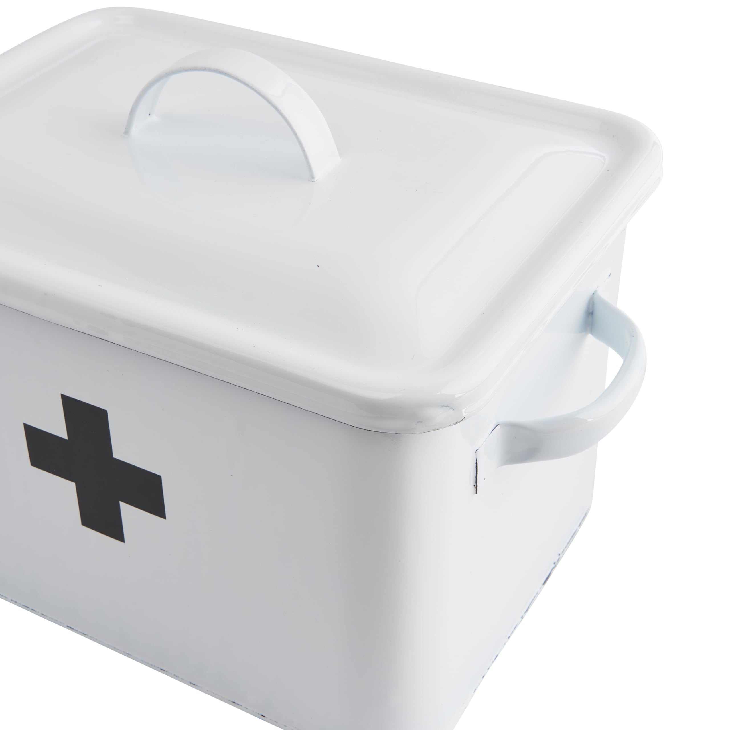 Premium Enameled First Aid Kit Box with Secure Lid & Black Cross - Compact Emergency Medical Storage for Home, Car, and Travel