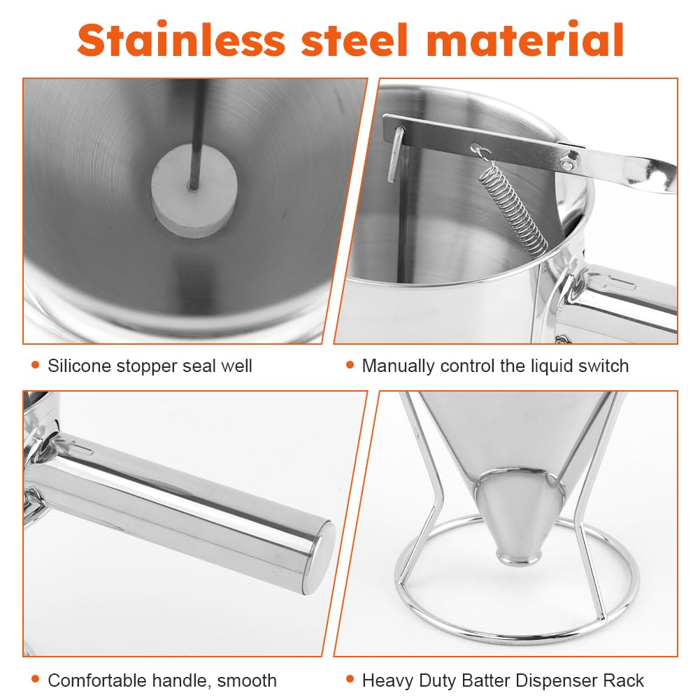 Stainless Steel Pancake Batter Dispenser with Squeeze Handle & Stand - 1200ml Funnel Cake & Takoyaki Balls Tool for Pancakes, Cupcakes, Donuts, Waffles - Perfect for Breakfast, Desserts & Party Cooking