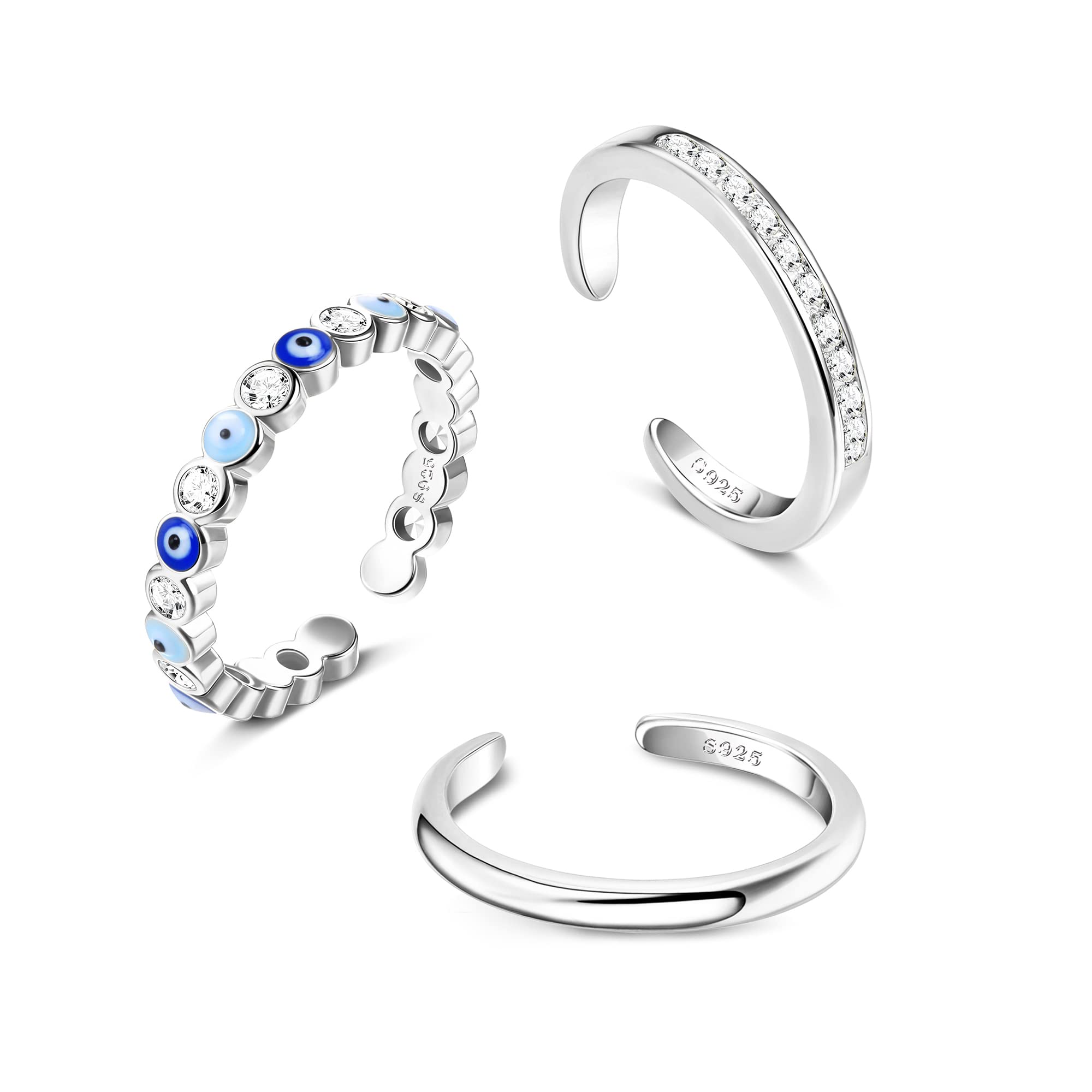 Evil Eye Toe Rings for Women - 925 Sterling Silver Adjustable Open Tail Rings | Summer Beach Foot Jewelry Set | White Gold Plated Stackable Knuckle Rings | Perfect for Beach Vacations, Pool Parties & Boho Fashion Accessories