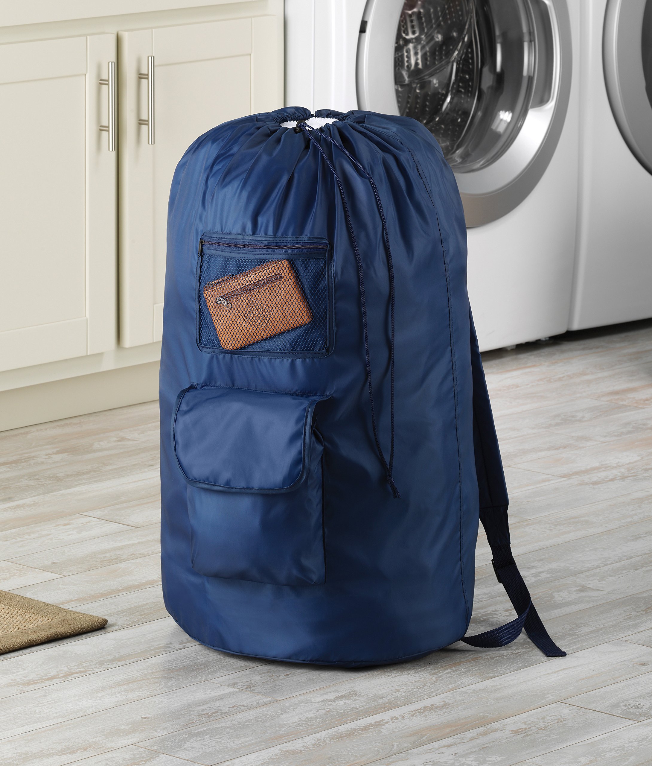 Whitmor Dura-Clean Black Laundry Bag Backpack - Heavy Duty Dark Denim Wash Bag for College Dorm, Travel & Gym - Large Capacity Laundry Storage Solution