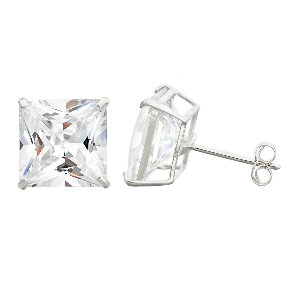 14K White Gold Princess Cut Cubic Zirconia (CZ) Double Basket Push Back Stud Earrings - 3mm to 10mm - Perfect for Weddings, Parties & Everyday Elegance