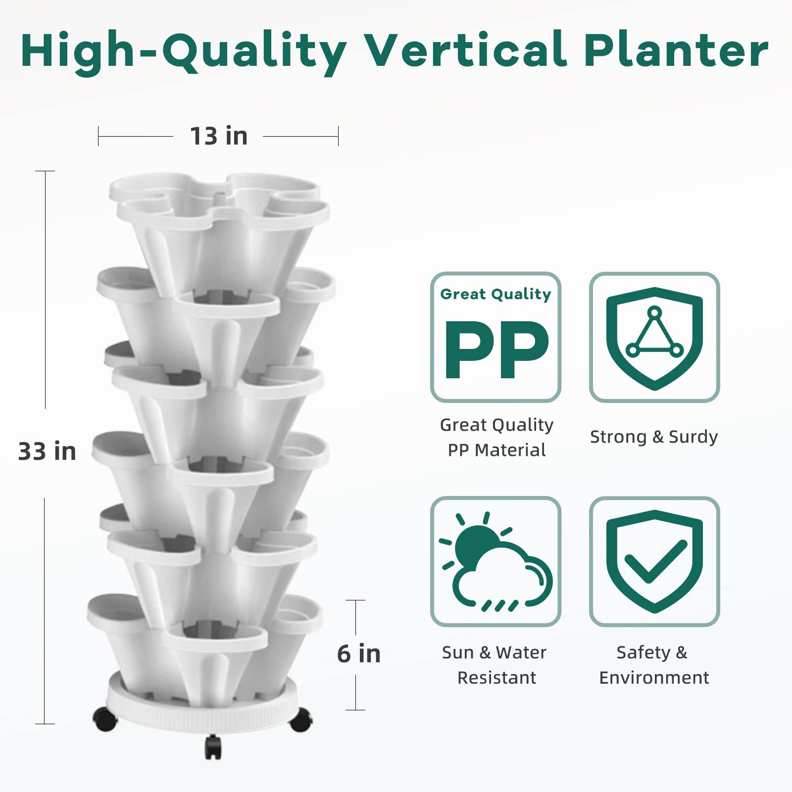 6 Tier Stackable Strawberry Planter with Support Pole - Vertical Garden Tower for Herbs, Vegetables, Fruits - Indoor & Outdoor Use (White) | Perfect for Small Spaces, Balconies, Patios & Urban Gardening