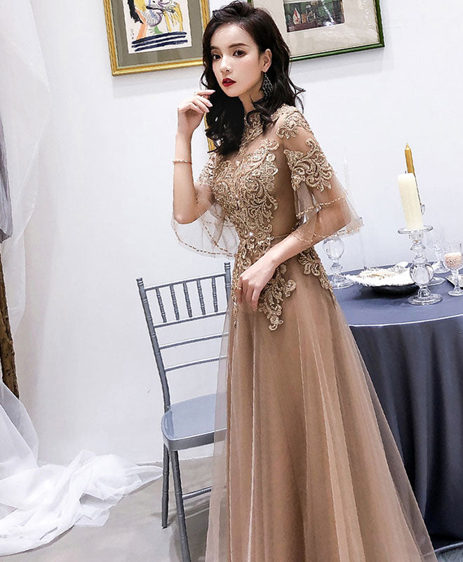Elegant Champagne High Neck Tulle Lace Long Prom Dress - Formal Evening Gown for Homecoming, Ball, Wedding & Special Occasions