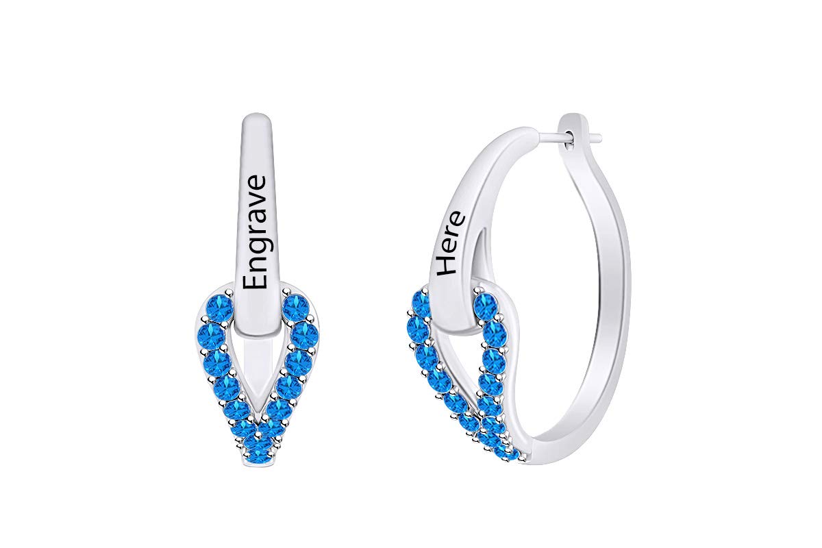 Personalized Engraved Simulated Birthstone Hoop Earrings - 14k White Gold Plated Sterling Silver Jewelry for Women | Perfect Gift for Birthday, Anniversary & Everyday Wear