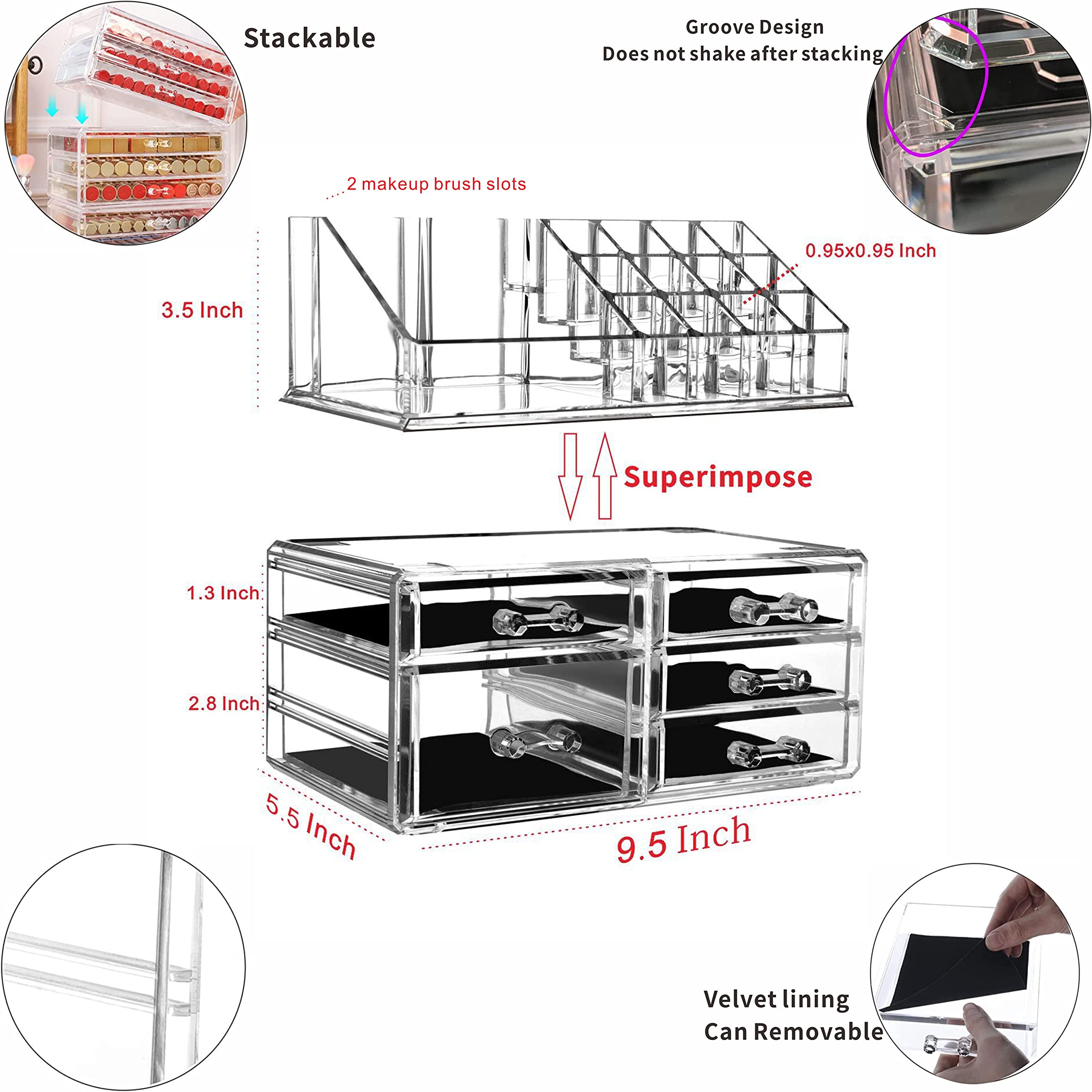 2-Pack Clear Acrylic Makeup Organizer with 5 Stackable Drawers - Vanity & Bathroom Storage for Jewelry, Hair Clips, Skincare & Beauty Products | Perfect for Bedroom, Dorm & Countertop Organization
