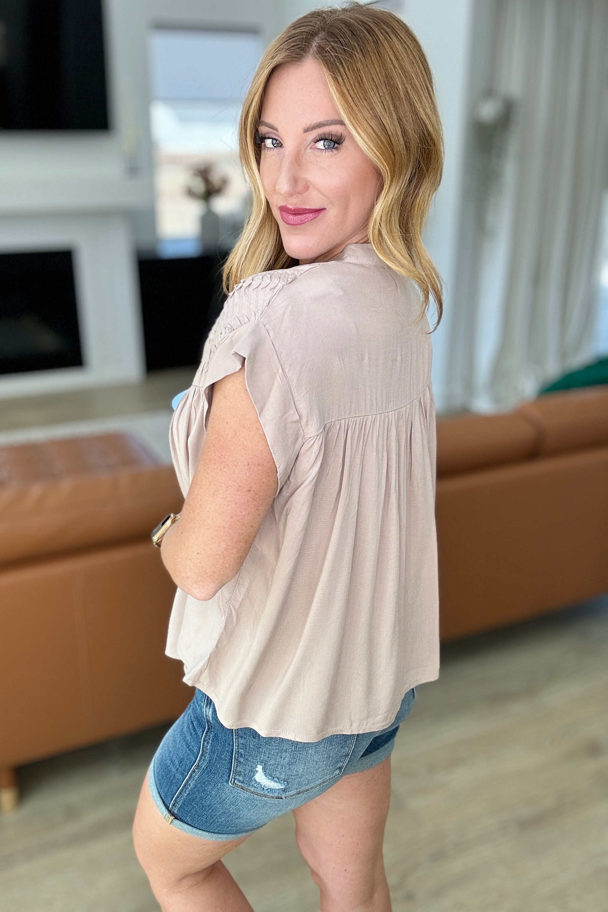Elegant Pleat Detail Button Up Blouse in Taupe - Perfect for Office Wear & Casual Outfits
