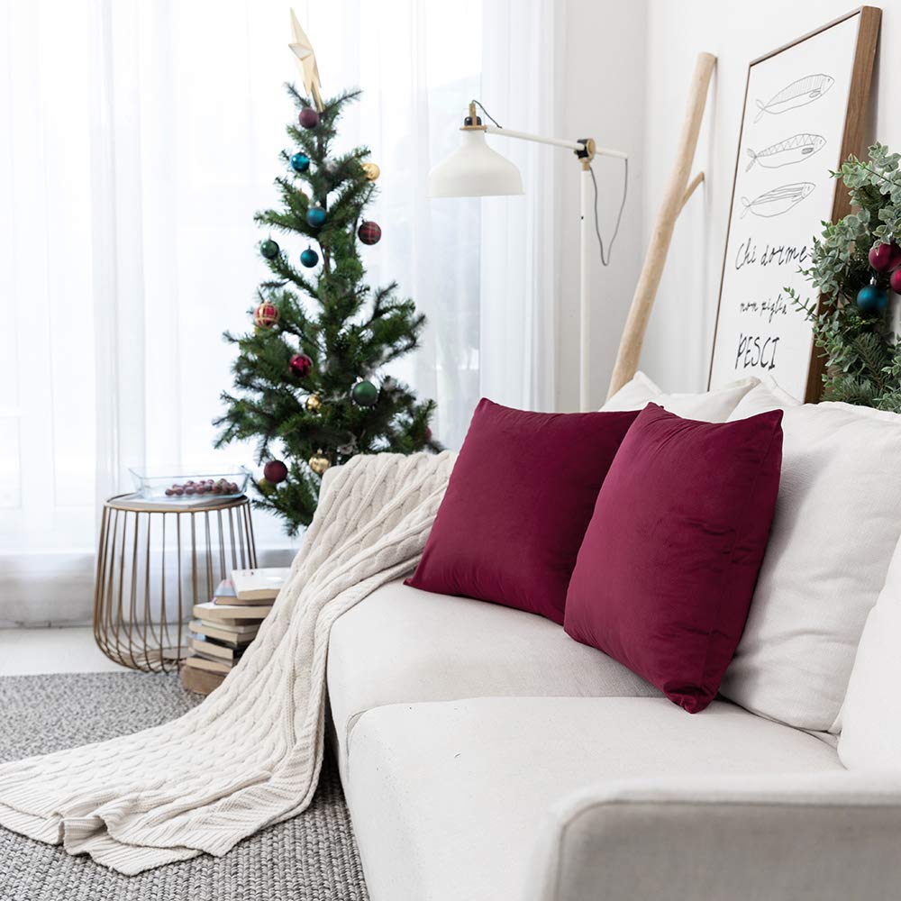 2 Pack Soft Velvet Throw Pillow Covers 16x16 Inches - Burgundy Decorative Cushion Cases for Sofa, Couch, Bed & Home Decor - Perfect for Living Room, Bedroom, Dorm and Office