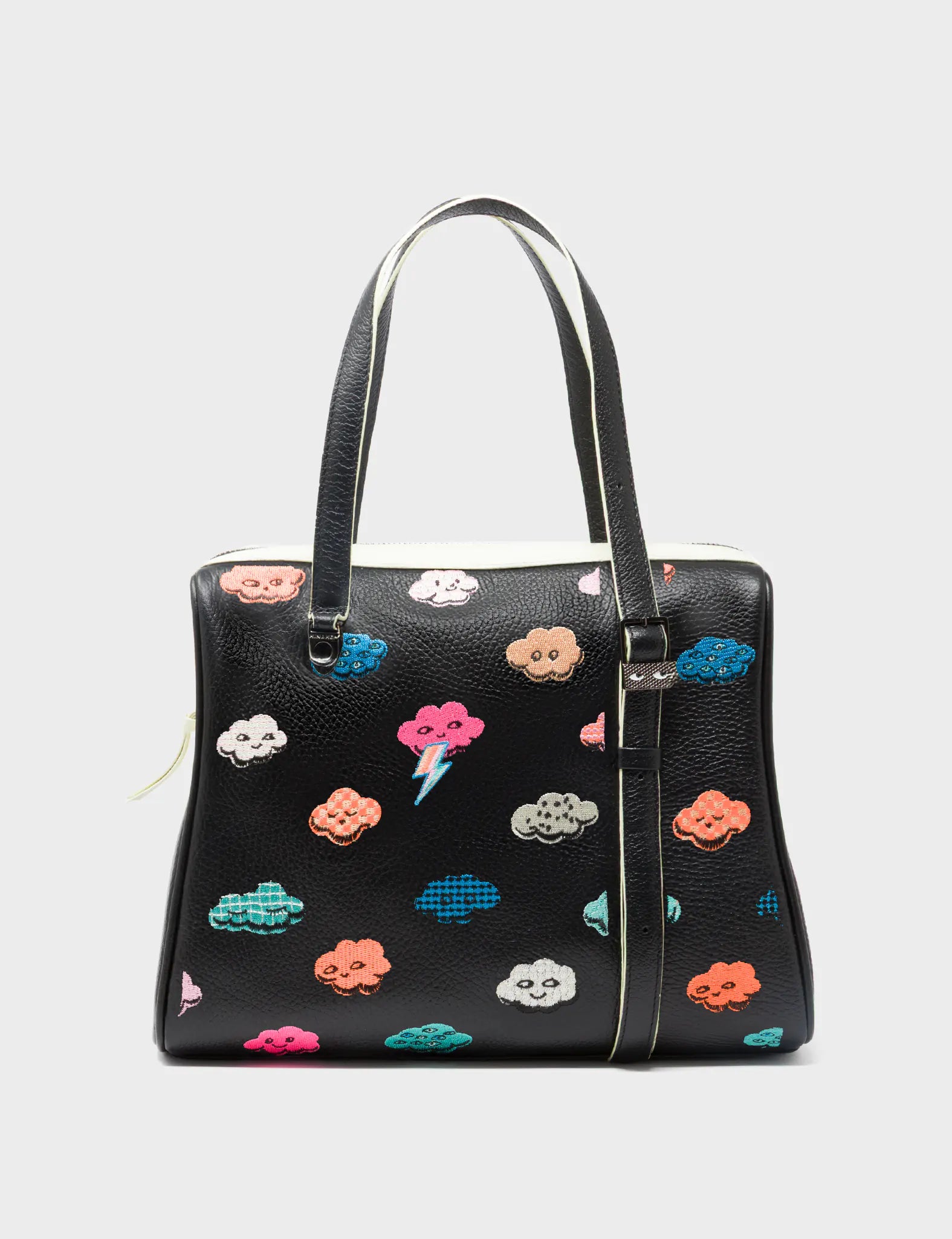 Stylish Esther Almond & Black Satchel Handbag with Happy Clouds Design - Perfect for Work, Travel, and Everyday Use