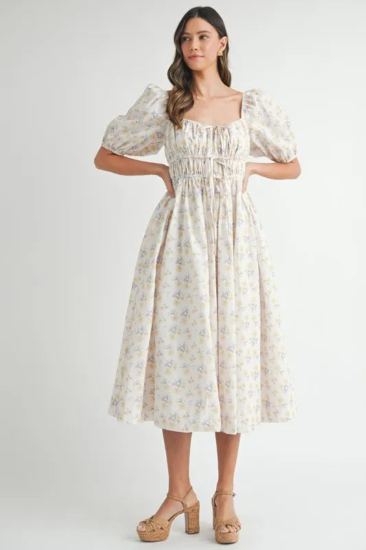 Floral Puff Sleeve Midi Summer Dress for Women - Boho Flowy Beach Dress with Ruffle Hem, Perfect for Vacation, Wedding Guest & Outdoor Parties