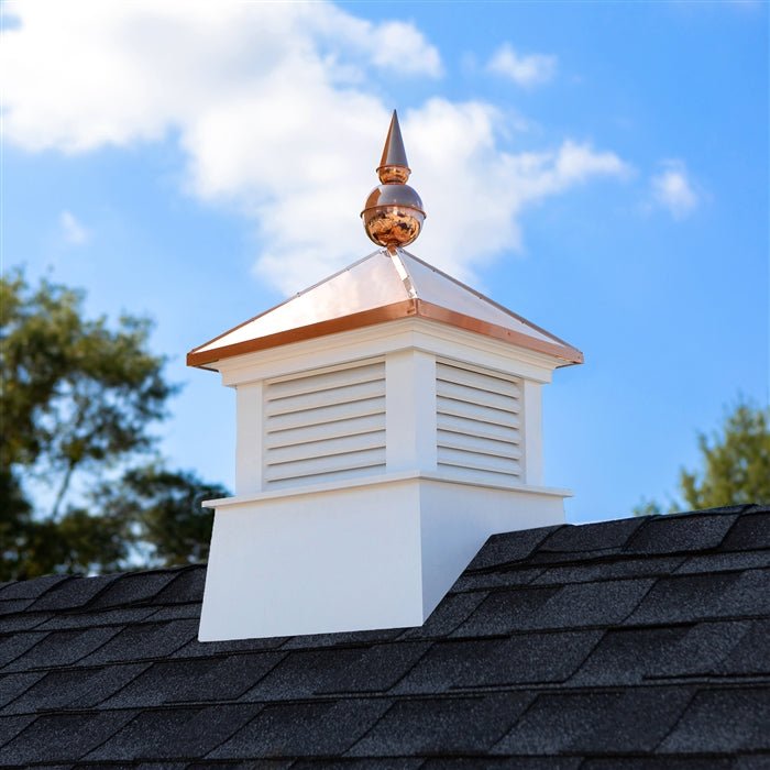18 Square Manchester Vinyl Cupola with Avalon Finial - Weatherproof Roof Ventilation for Homes & Barns - Perfect for Attic Venting, Sheds, and Farm Buildings