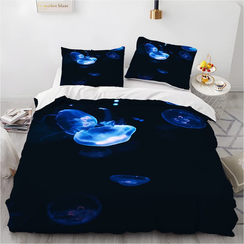 Phonxia Blue Jellyfish Duvet Cover Set - King Size 200x200cm with Zipper Closure, Hypoallergenic & Breathable Bedding for Kids & Adults - Includes 1 Duvet Cover + 2 Pillowcases - Perfect for Coastal, Nautical or Kids' Ocean-Themed Bedrooms
