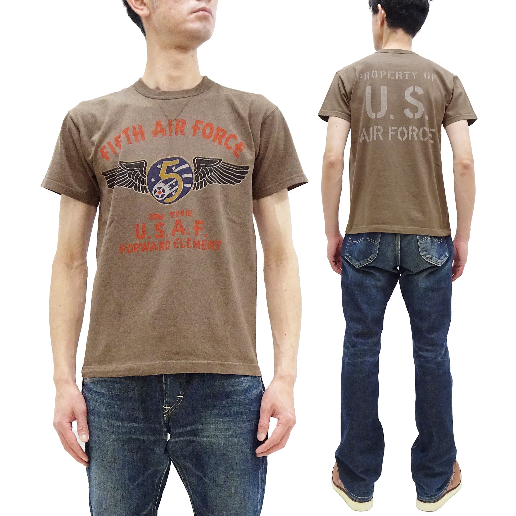 TOYS McCOY Men's US Fifth Air Force Military Graphic Short Sleeve T-Shirt | Vintage Loopwheeled Cotton Tee | TMC2428-050 Faded Coyote Brown | Casual Wear & Military Enthusiast Collection