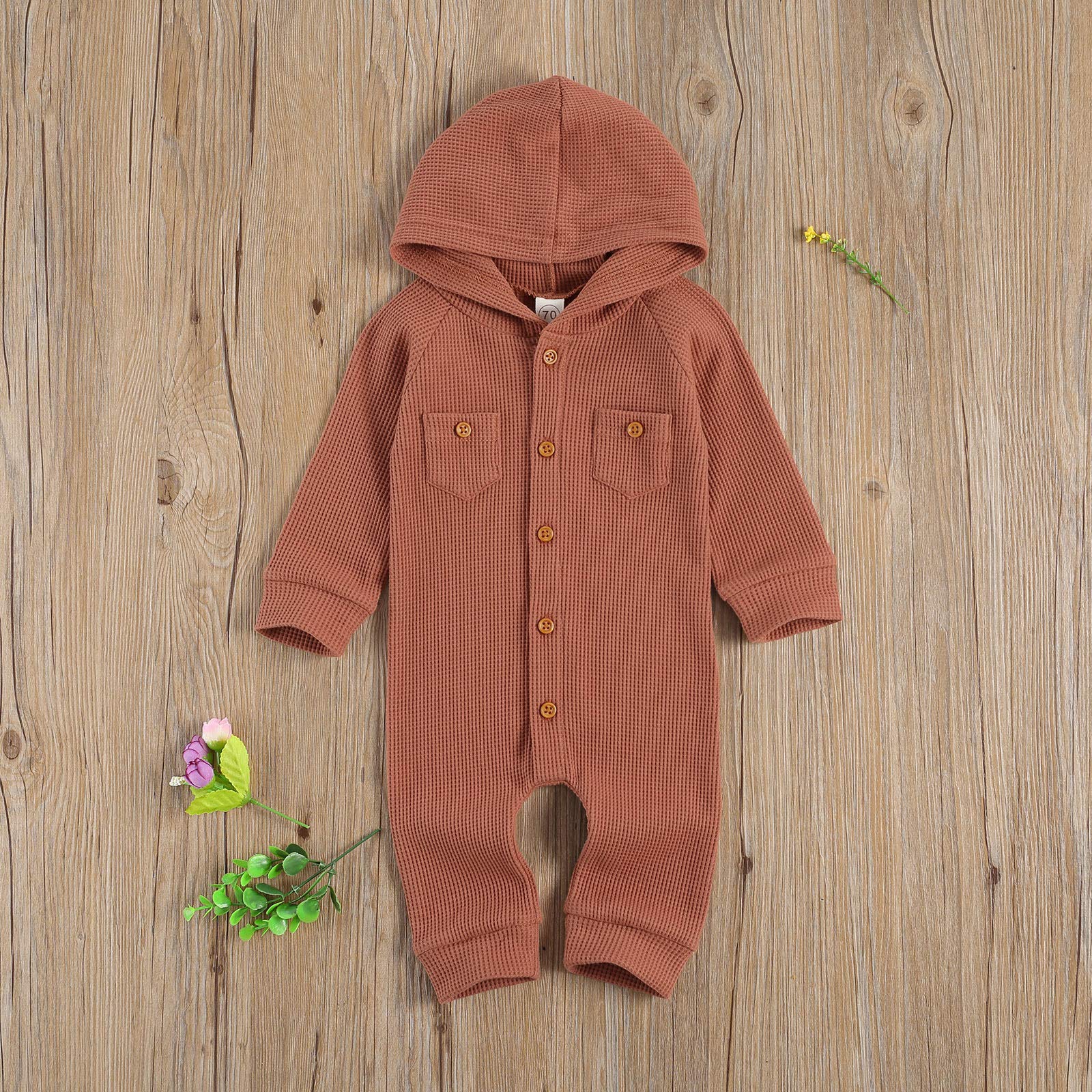Ynibbim Winter Newborn Baby Romper - Unisex Hooded Jumpsuit with Waffle Cotton & Button Closure - Cozy Outfit for Infants 0-24 Months - Perfect for Family Photos, Holiday Gifts & Winter Outings