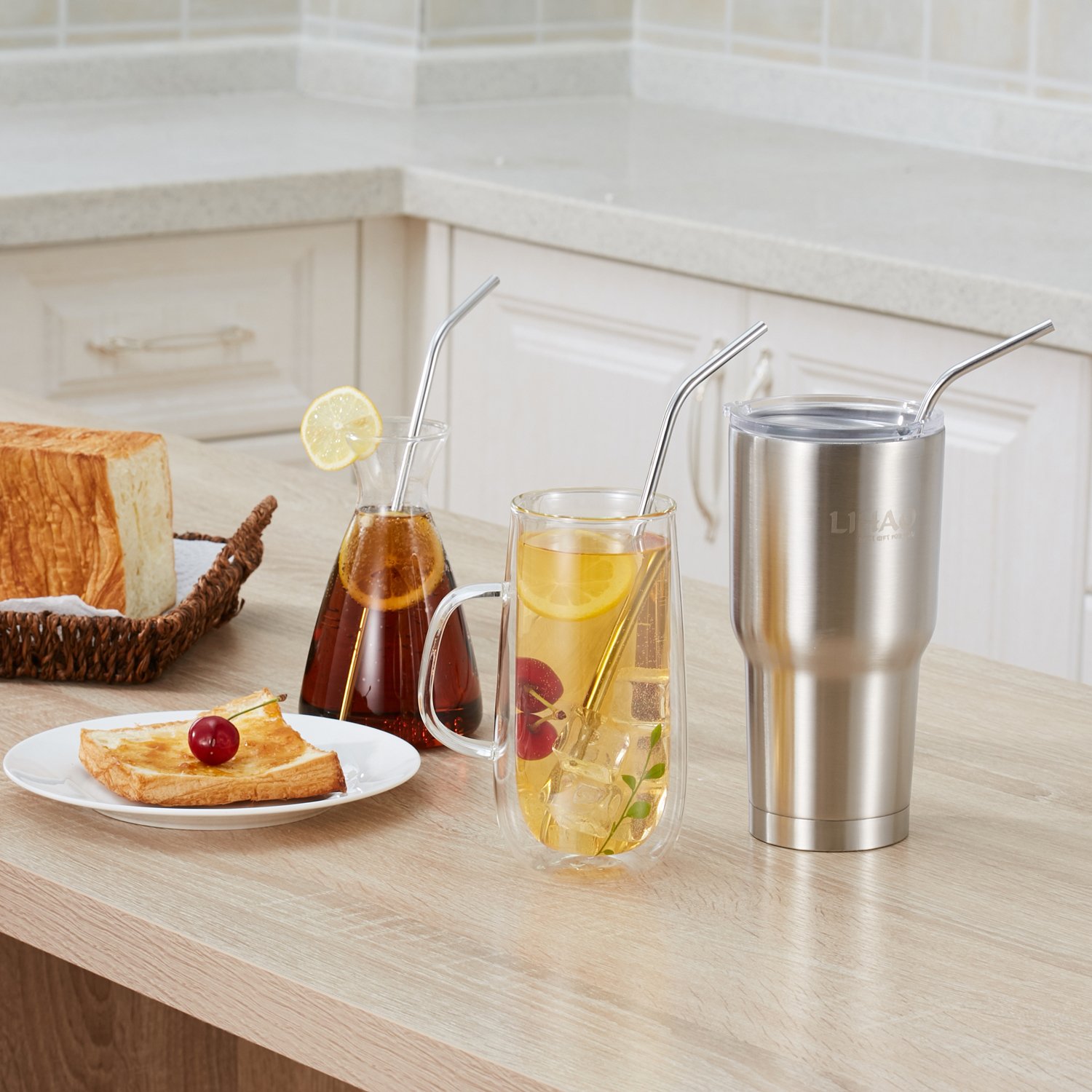4 Extra Long Stainless Steel Straws for 30 OZ Tumbler Cups - Reusable Metal Drinking Straws with 2 Cleaning Brushes - Perfect for Smoothies, Iced Coffee & Travel Mugs