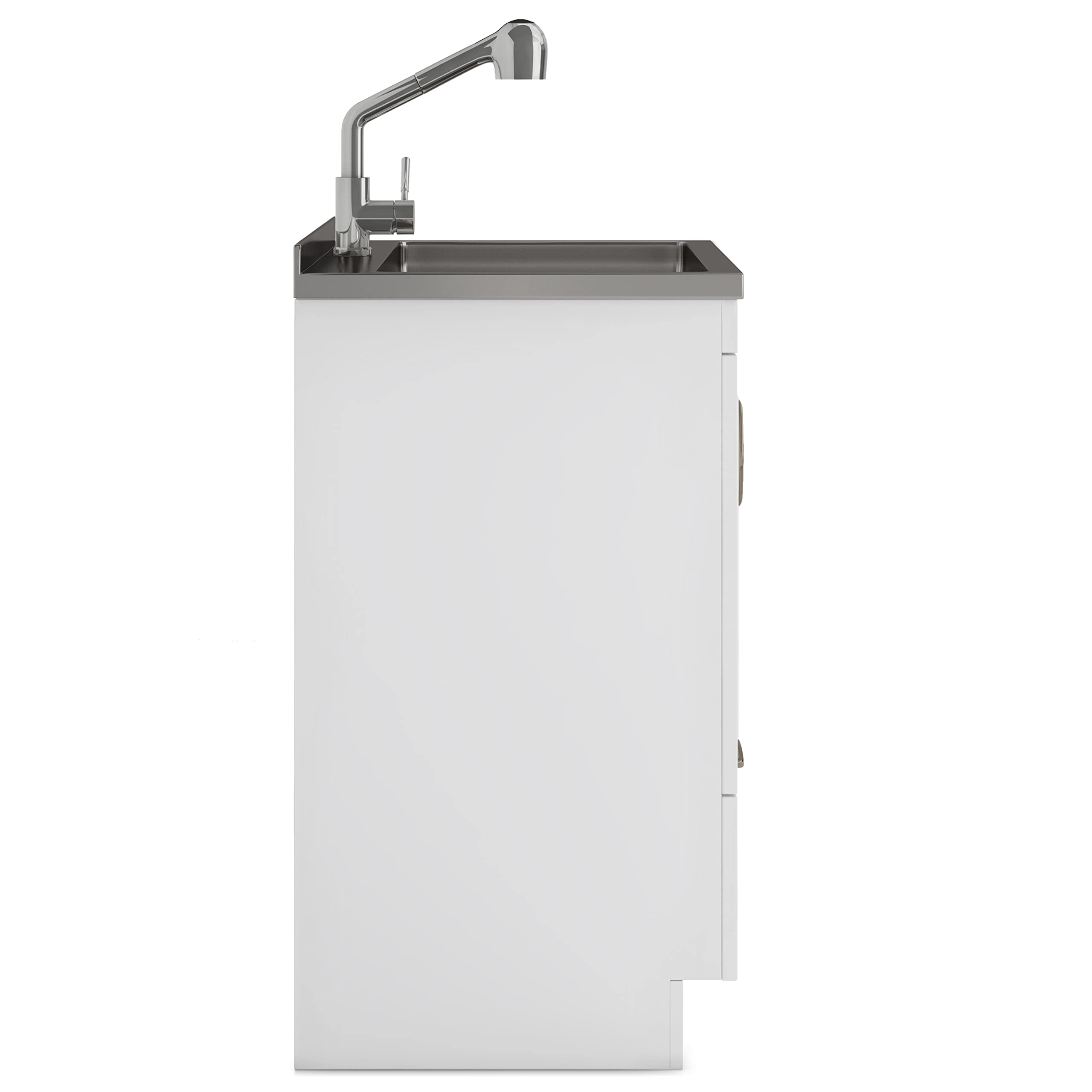 SIMPLIHOME 24-inch White Utility Sink Cabinet with Faucet - Stainless Steel Laundry Sink & Storage Drawer - Perfect for Laundry Room, Garage, Mudroom, Basement & Workshop Organization