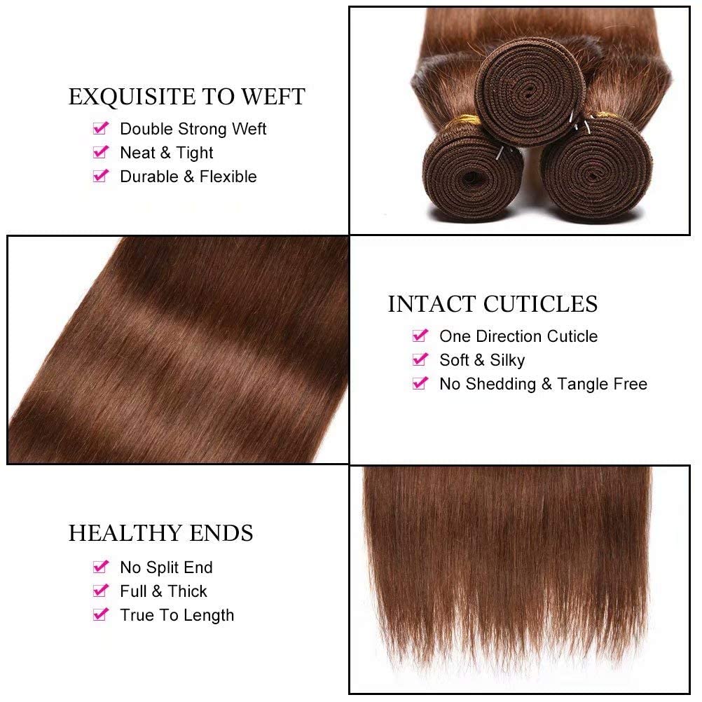 FEEL ME 100% Unprocessed Brazilian Virgin Human Hair Weave - 3 Bundles 18 18 18 Inch Silky Straight Hair Extensions (Light Brown, 300g) for Natural Look, Styling & Daily Wear