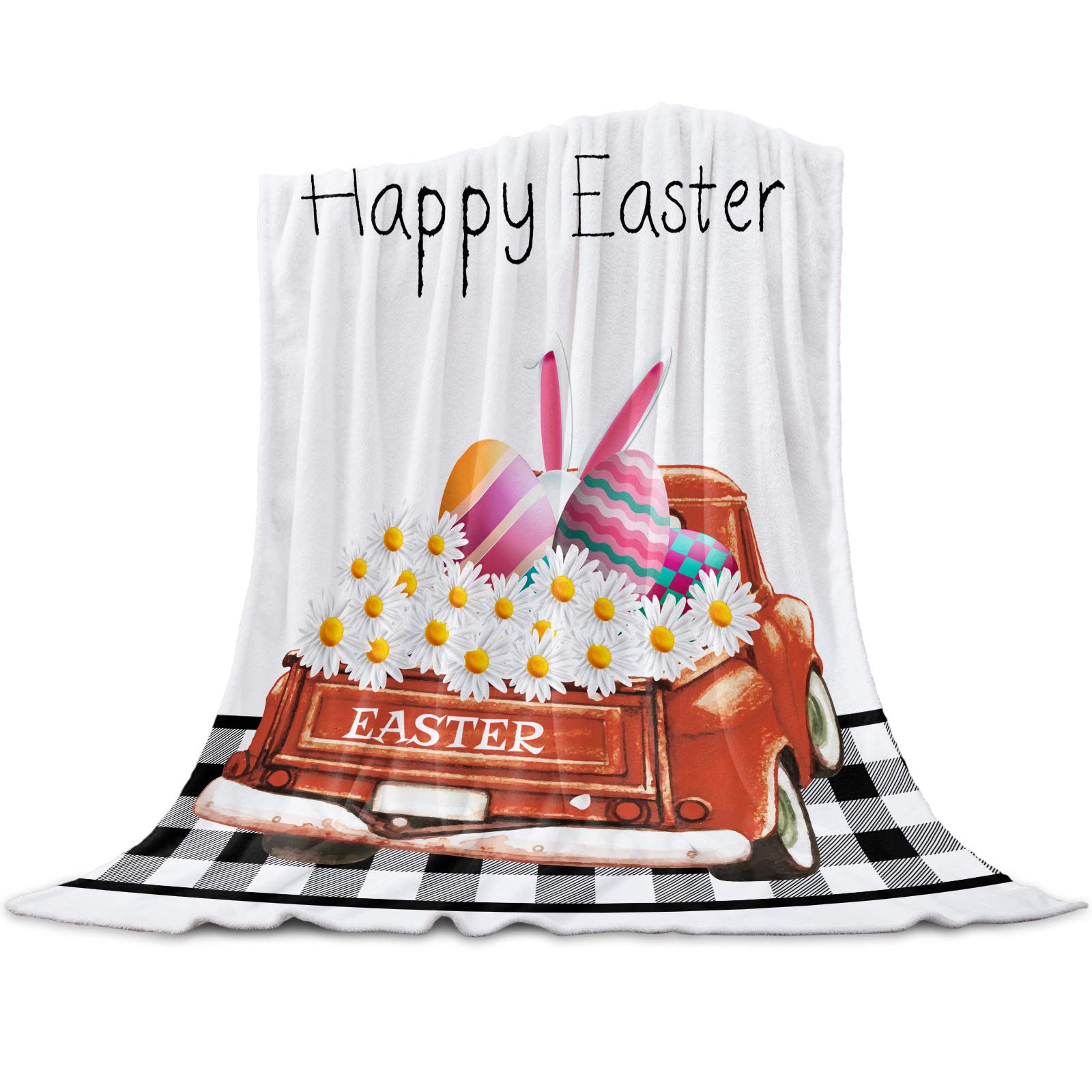 Soft Flannel Fleece Blanket - Lightweight Farmhouse Daisy Print Throw with Rabbit Ears Design - Warm Cozy Blanket for Bed, Couch & Sofa - Perfect for Adults, Kids, Easter Gifts & Home Decor