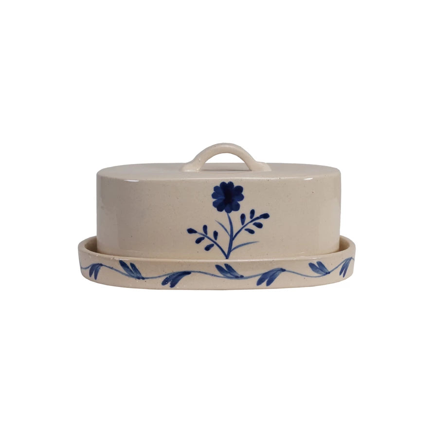 Blue and White Stoneware Butter Dish with Lid - Vintage Style Ceramic Butter Keeper for Kitchen Countertop - Perfect for Dining Table, Breakfast, and Entertaining