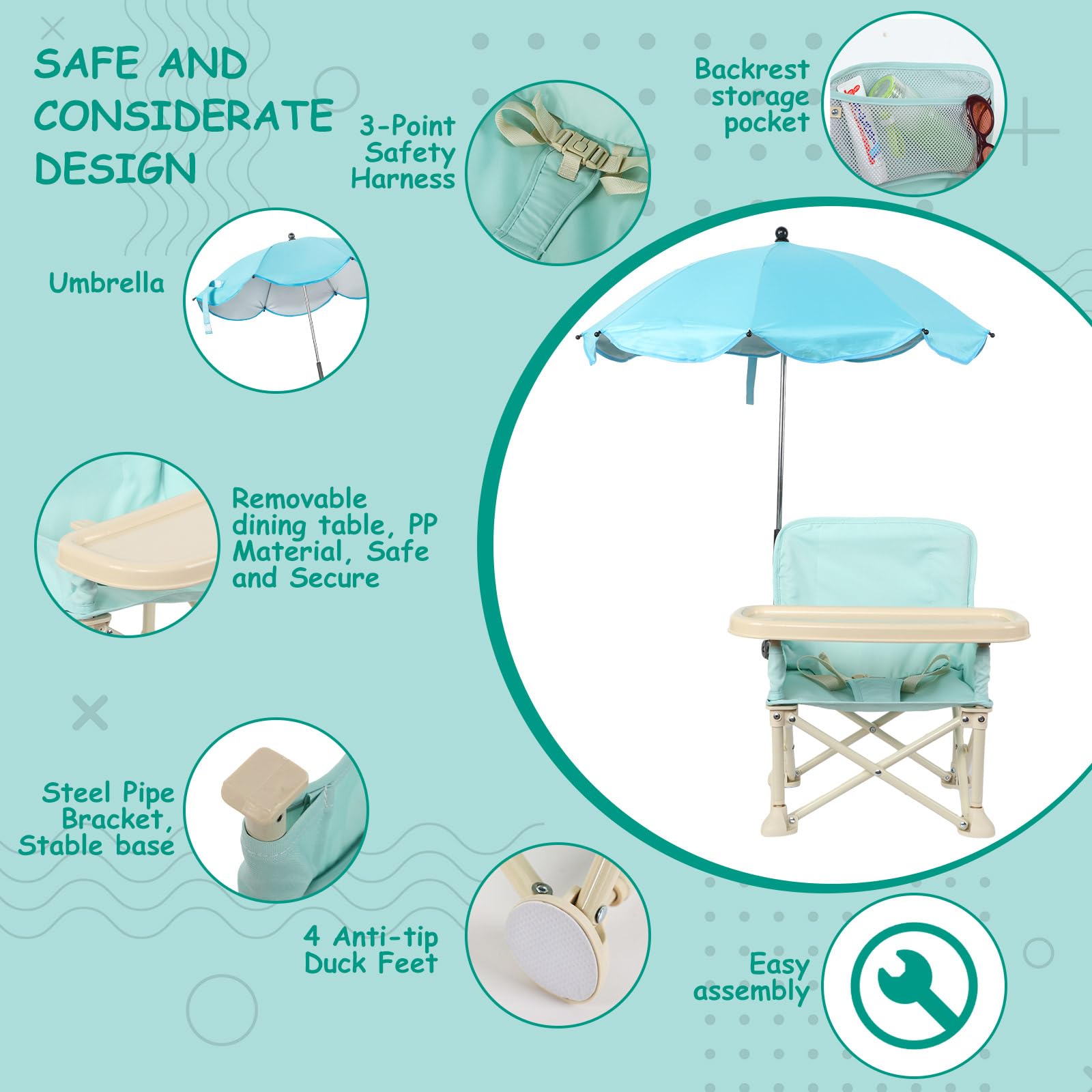 Suzile Portable Baby Beach Chair with Umbrella - Foldable Travel Booster Seat with Tray & Storage Bag - Lightweight Outdoor High Chair for Dining, Camping, Picnics & Beach Trips