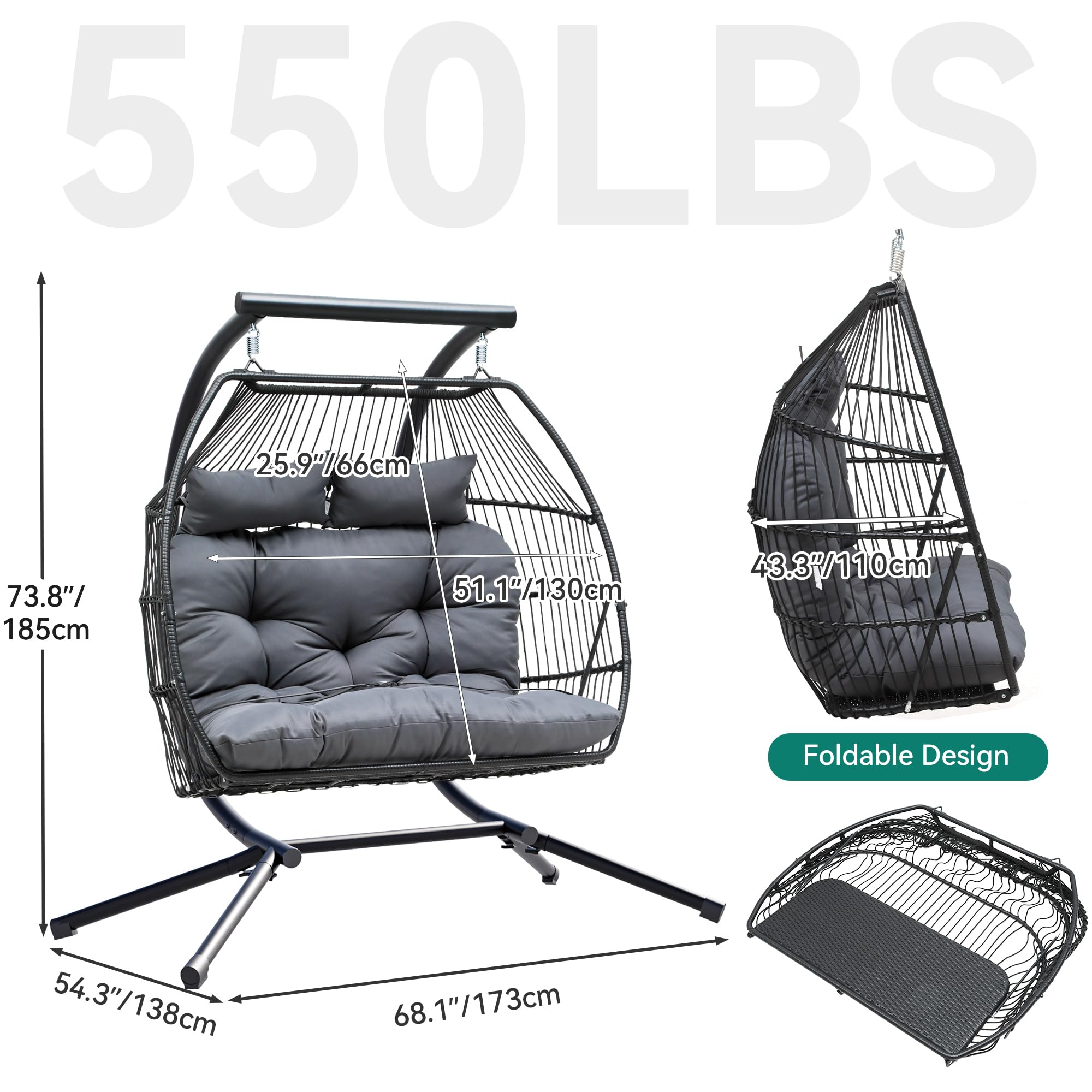 YITAHOME Hanging Egg Swing Chair with Stand - 550lbs Capacity Wicker Egg Chair for Indoor & Outdoor Use - Includes Cushions & Stand - Perfect for Patio, Garden, Balcony, Bedroom - Dark Gray | Relaxation & Boho Home Decor