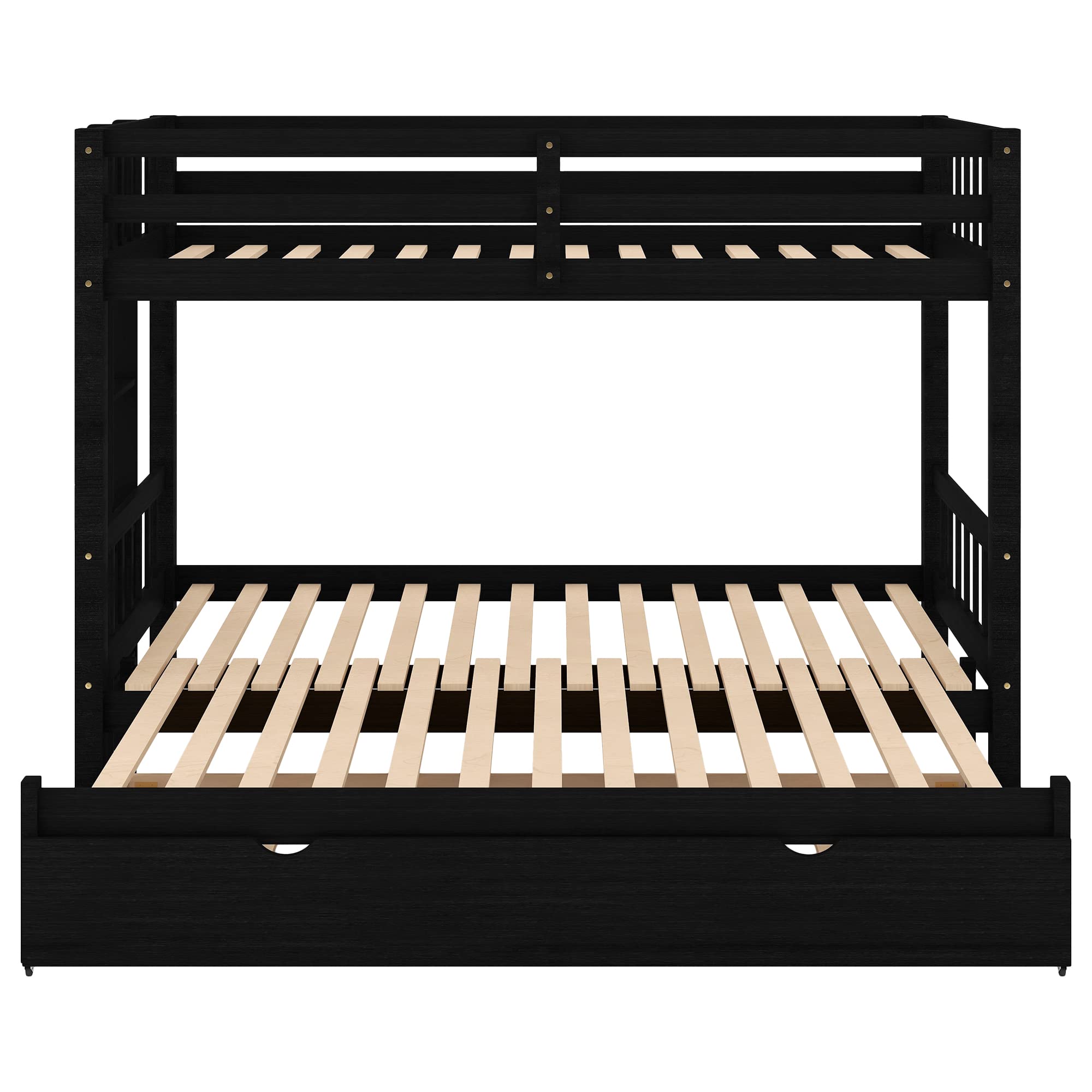 Twin Over Twin Bunk Bed with Trundle - Expandable Wooden Bunk Bed Frame for Kids - Convertible Bottom Bed to Twin/Double - Includes Ladder & Safety Rail - Espresso Finish - Perfect for Small Bedrooms, Guest Rooms & Kids' Shared Spaces