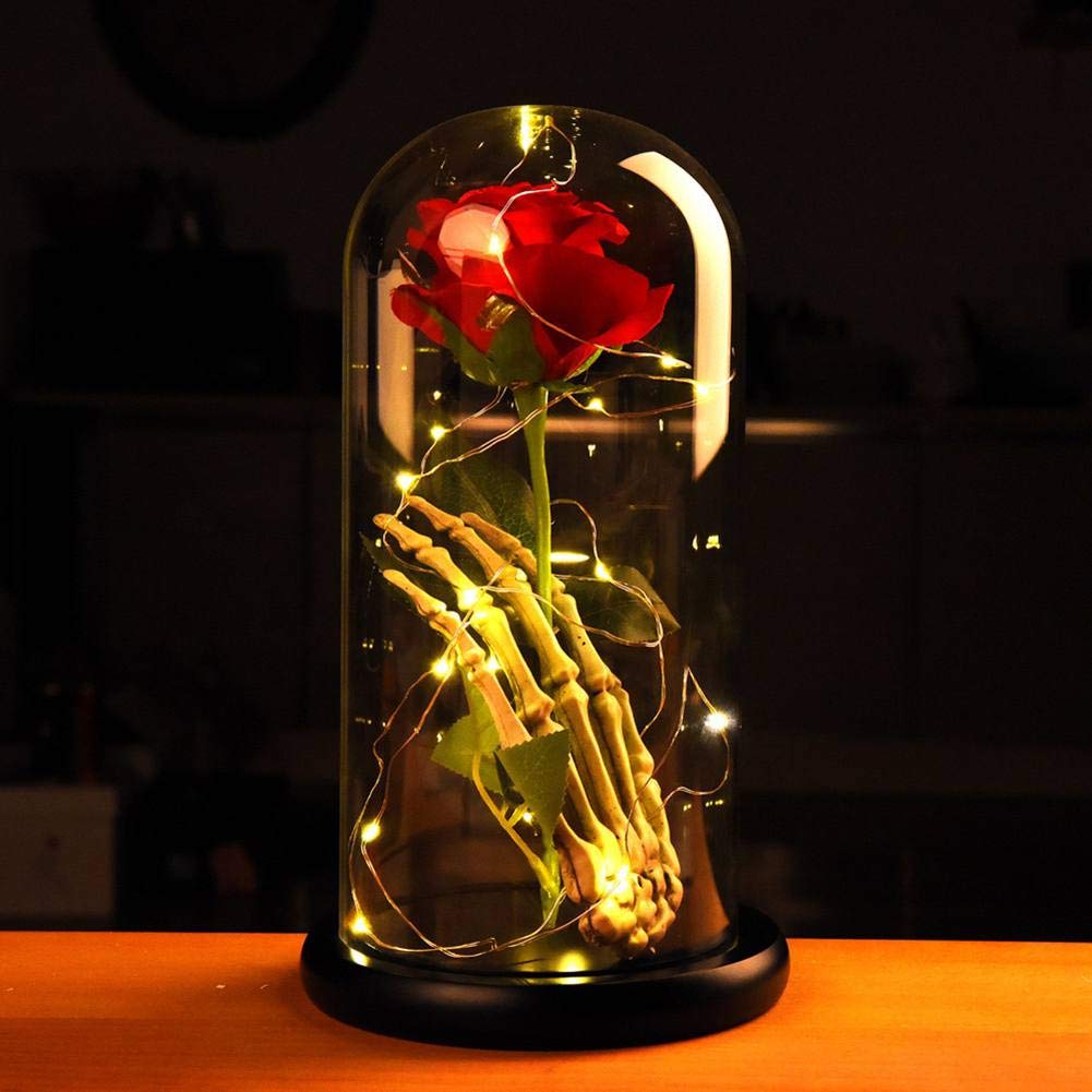 Glass Dome Rose Light with Skeleton Hand - Romantic Silk Rose in Glass Display, LED Decorative Gift for Valentine's Day, Wedding, Anniversary, Mother's Day, Birthday & Party Decor | Perfect for Home Decor, Bedroom Night Light, Wedding Centerpiece & Gift Giving