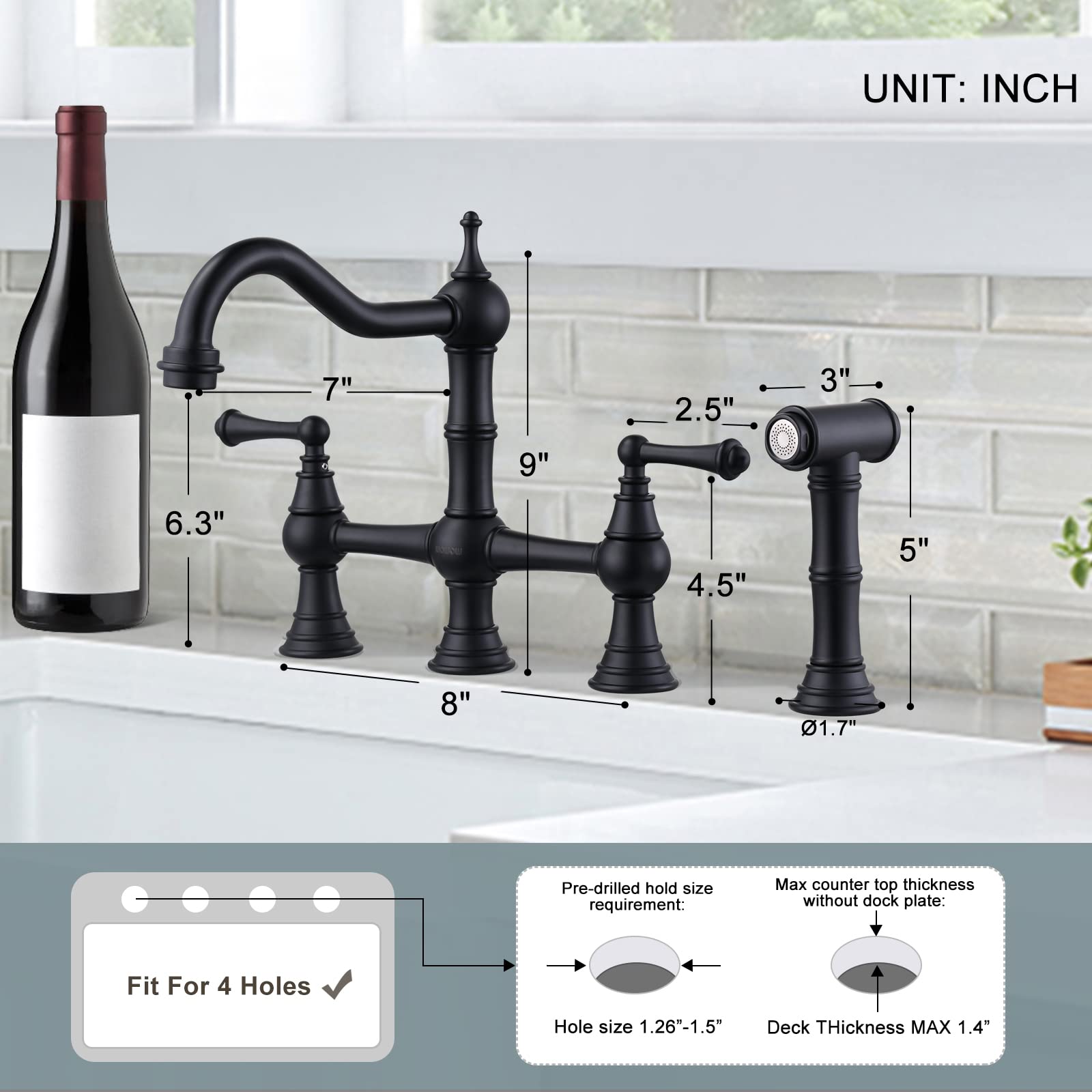WOWOW Black Kitchen Faucet with Side Sprayer - 4 Hole Brass Sink Faucet, 2 Handle 8 Inch Centerset Bridge Design - Vintage Farmhouse Copper Finish for Modern & Rustic Kitchens - Perfect for Cooking, Washing Dishes & Food Prep