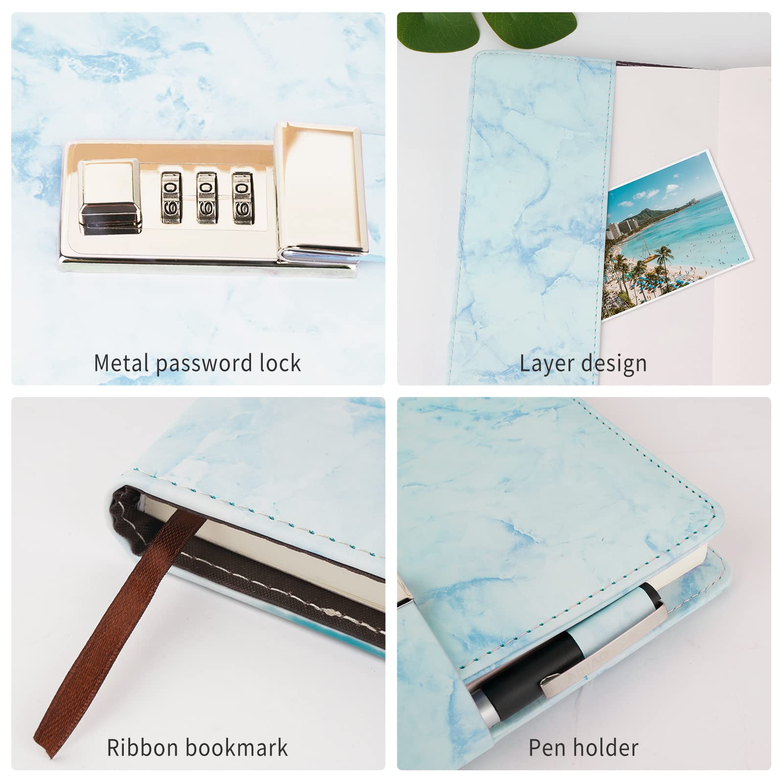 Refillable A5 Marble Diary with Combination Lock - 192 Pages Daily Journal for Girls, Women, Teens & Boys | Perfect for School, Travel, Personal Writing & Gift Giving - Blue