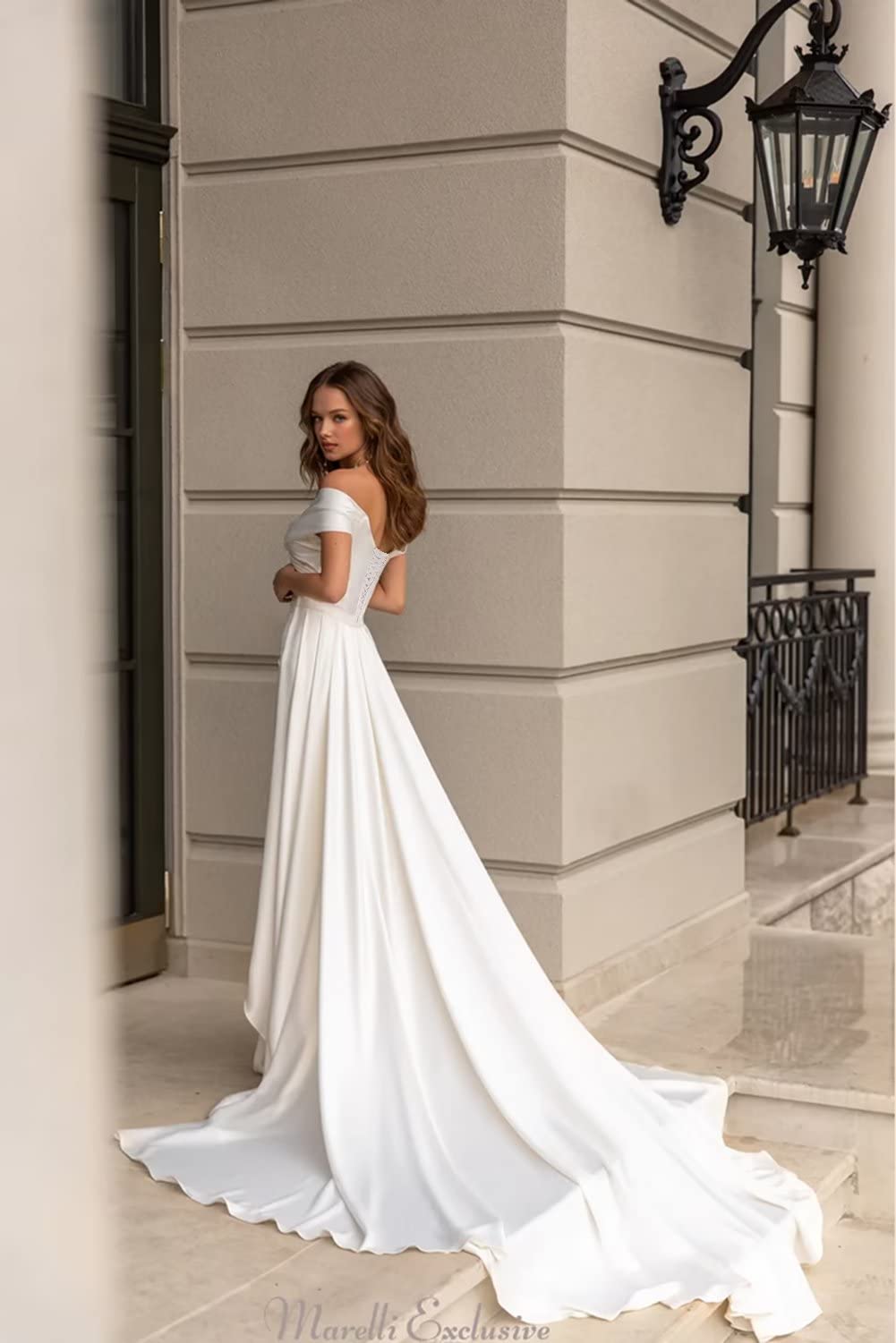Elegant Off Shoulder Mermaid Wedding Dress for Bride - Satin Bridal Gown with Detachable Skirt | Simple & Romantic Beach/Church/Outdoor Wedding Ceremony Dress