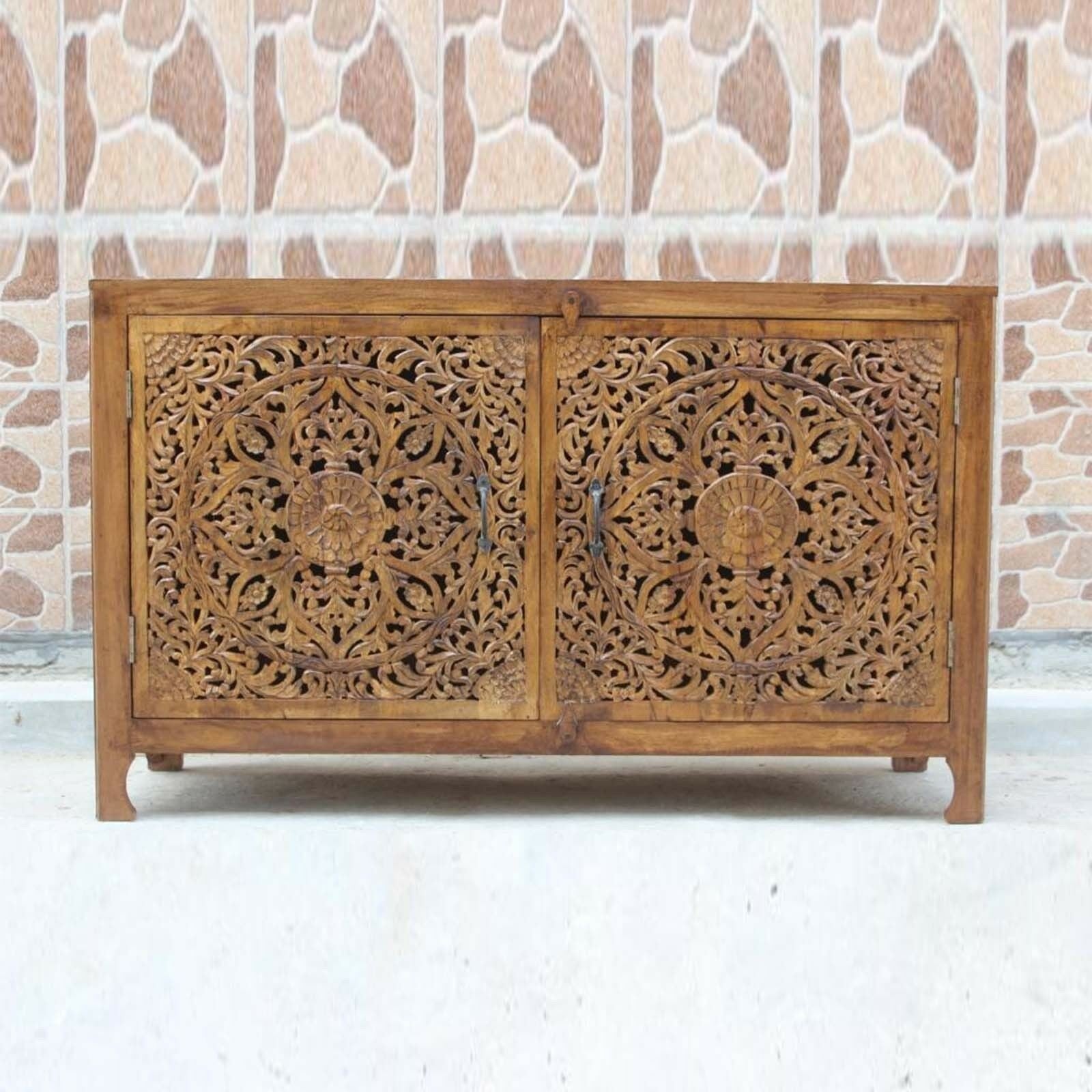 Floral Jali Design Indian French Sideboard in Honey Brown - Vintage Cabinet for Living Room, Dining Room & Bedroom Storage