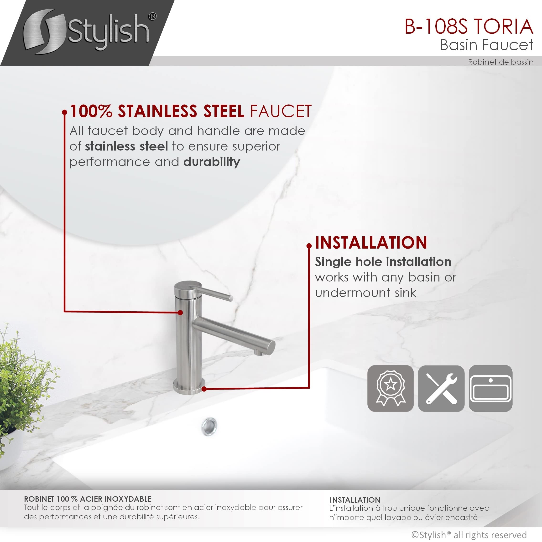 Stylish Single Handle Bathroom Faucet - Solid Stainless Steel Construction, 1 Hole Vessel Sink Faucet with Brushed Finish (Model B-123S) - Perfect for Modern Vanities, Powder Rooms & Luxury Bathroom Upgrades