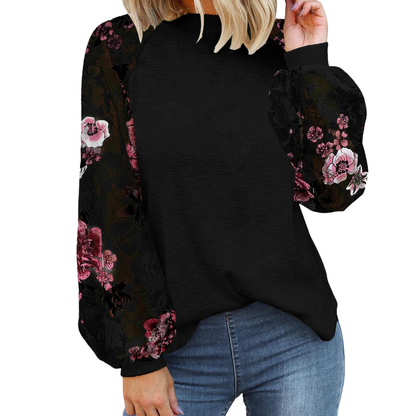 Trendy Women's Lace Long Sleeve Blouse - Sexy Round Neck Loose Casual Summer Top Tee Shirt for Date Night & Beach Outings