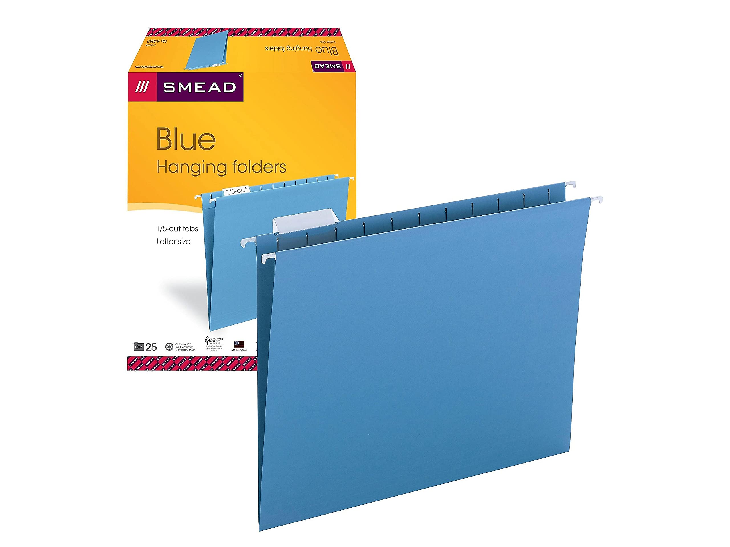 Smead 64060 Blue Hanging File Folders with Tabs - Letter Size, 25-Pack for Office Organization and Document Storage