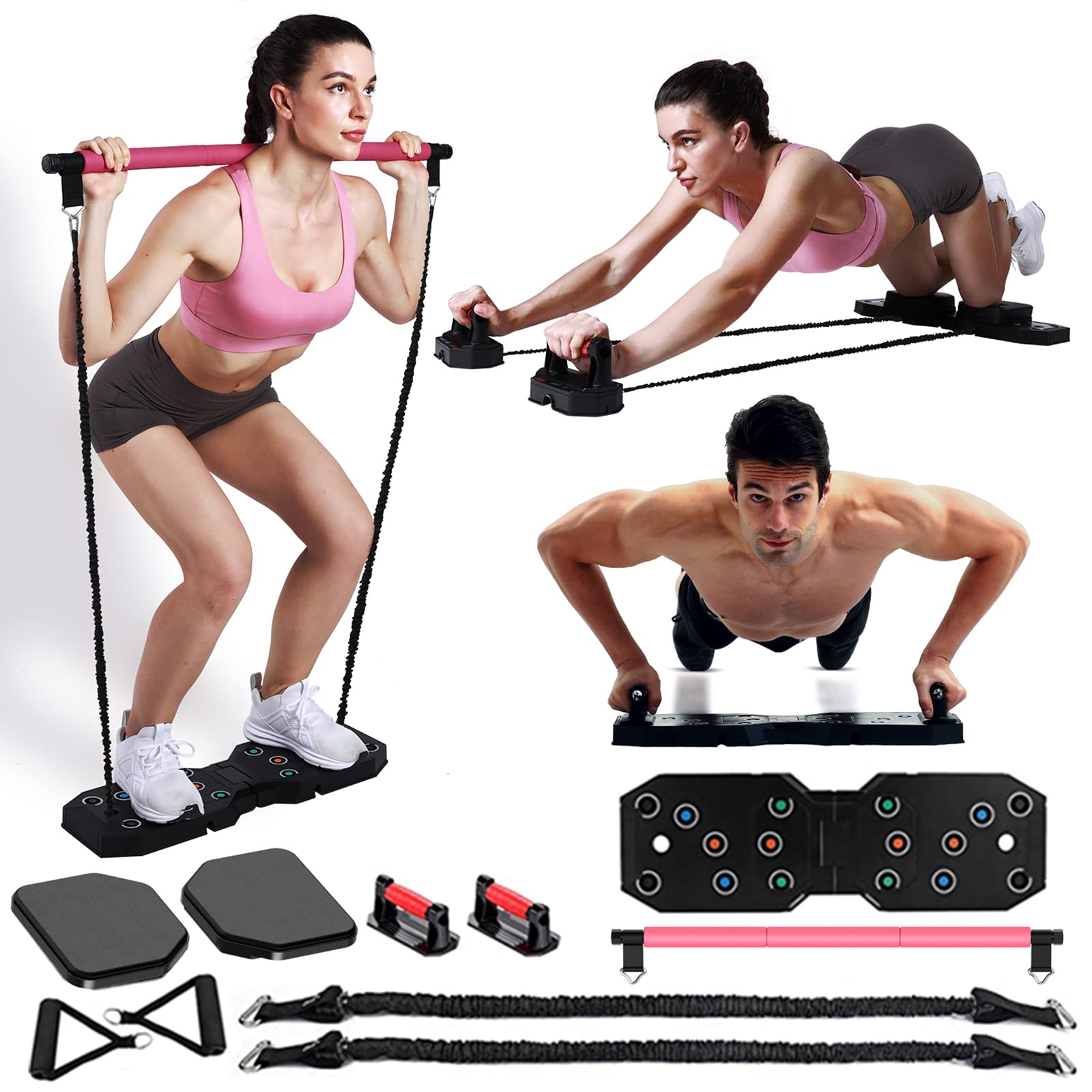 GLACUS Portable Home Gym Workout Equipment Set - Full Body Exercise Machine for Men & Women with Pilates Bar, Resistance Bands & Ab Wheel - Perfect for Home Fitness, Small Space Workouts & Travel