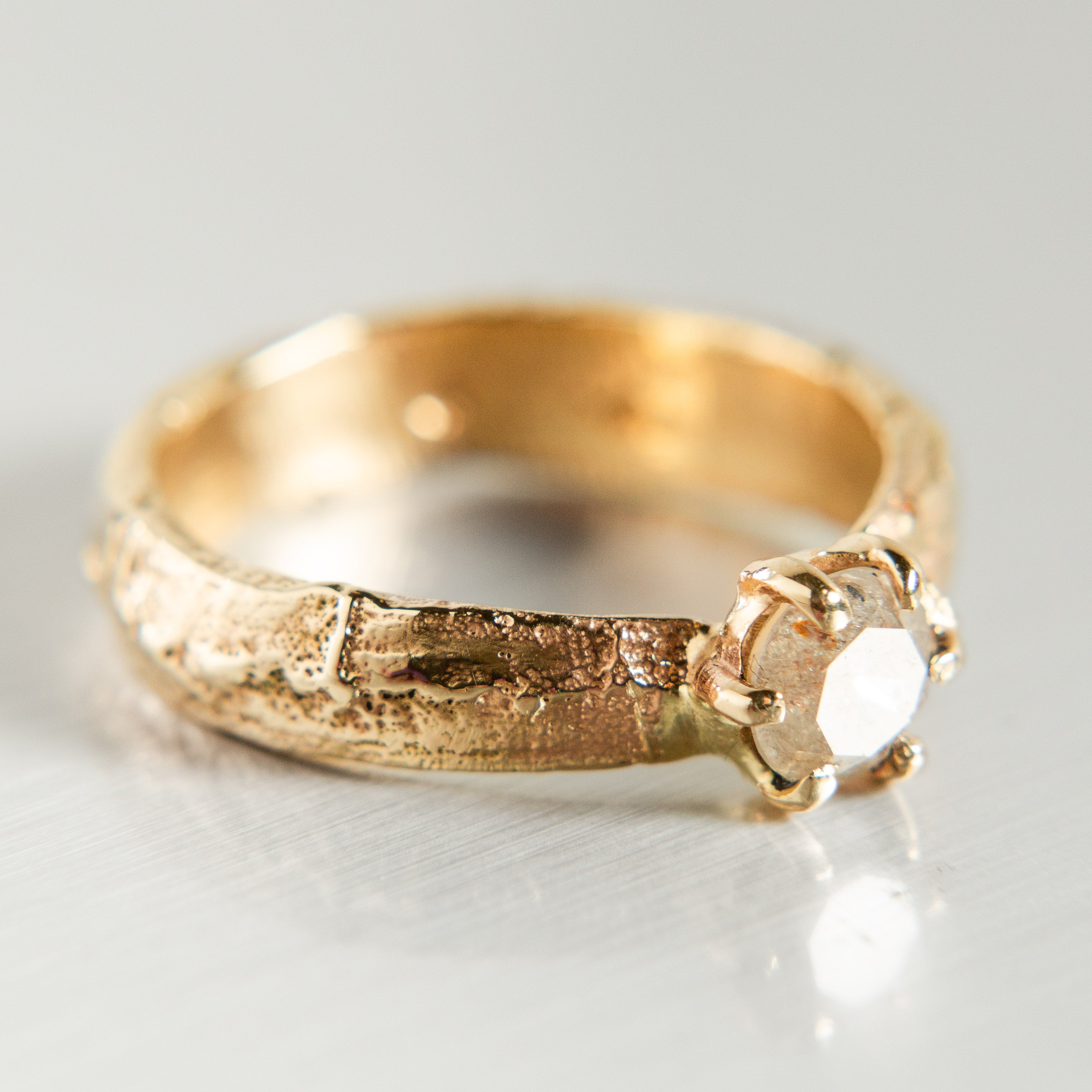 14K Yellow Gold Sandcast Band with Salt & Pepper Diamond Cypress Ring – Unique Vintage Jewelry for Weddings, Engagements & Special Occasions