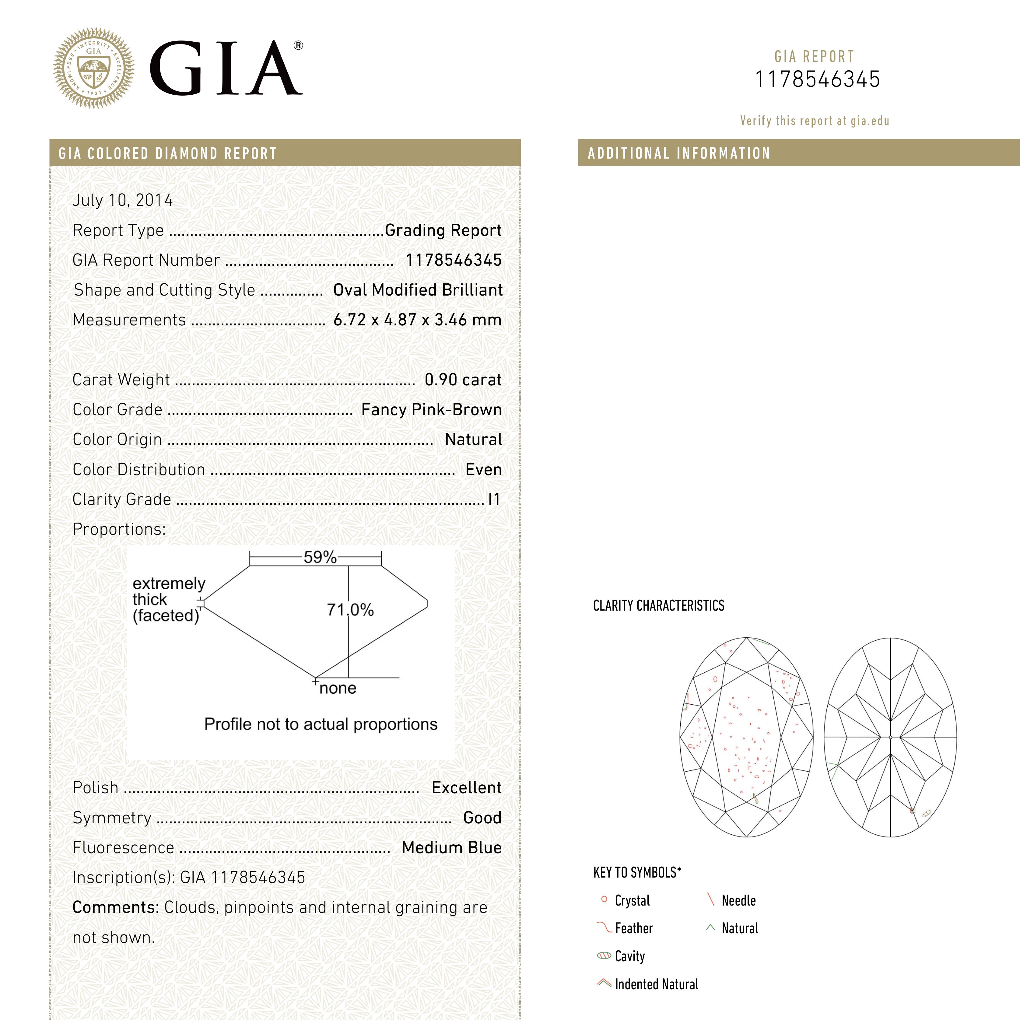 0.90ct GIA Certified Fancy Pink Brown Oval Diamond (6.72x4.87x3.46mm) I1 Clarity - Engagement Ring, Anniversary Gift, Jewelry Making