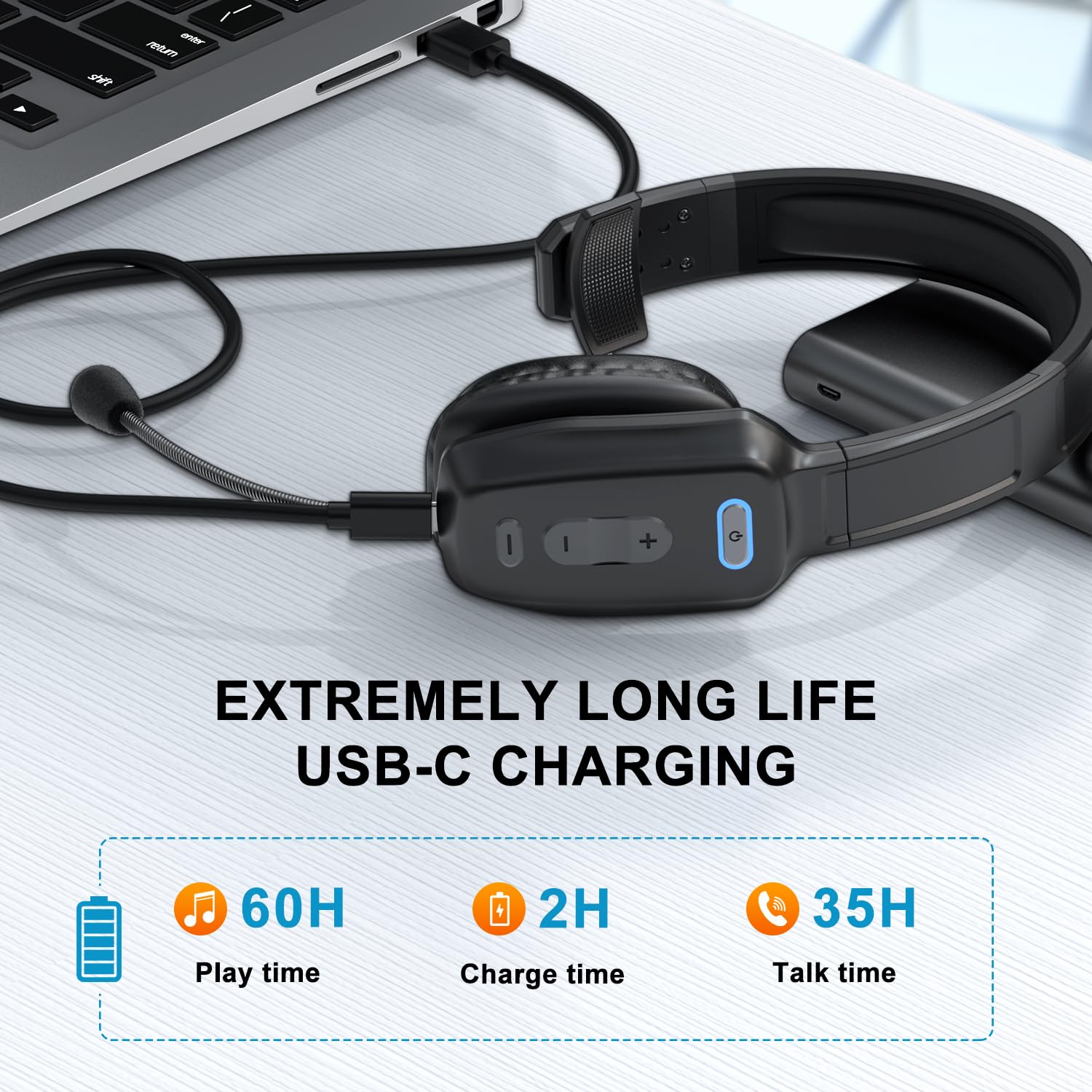 Wireless Bluetooth Headset with Noise Canceling Microphone & Mute Button - 60Hrs Battery Life Trucker Headphones for Phone Calls, Office Work, Driving & Online Meetings
