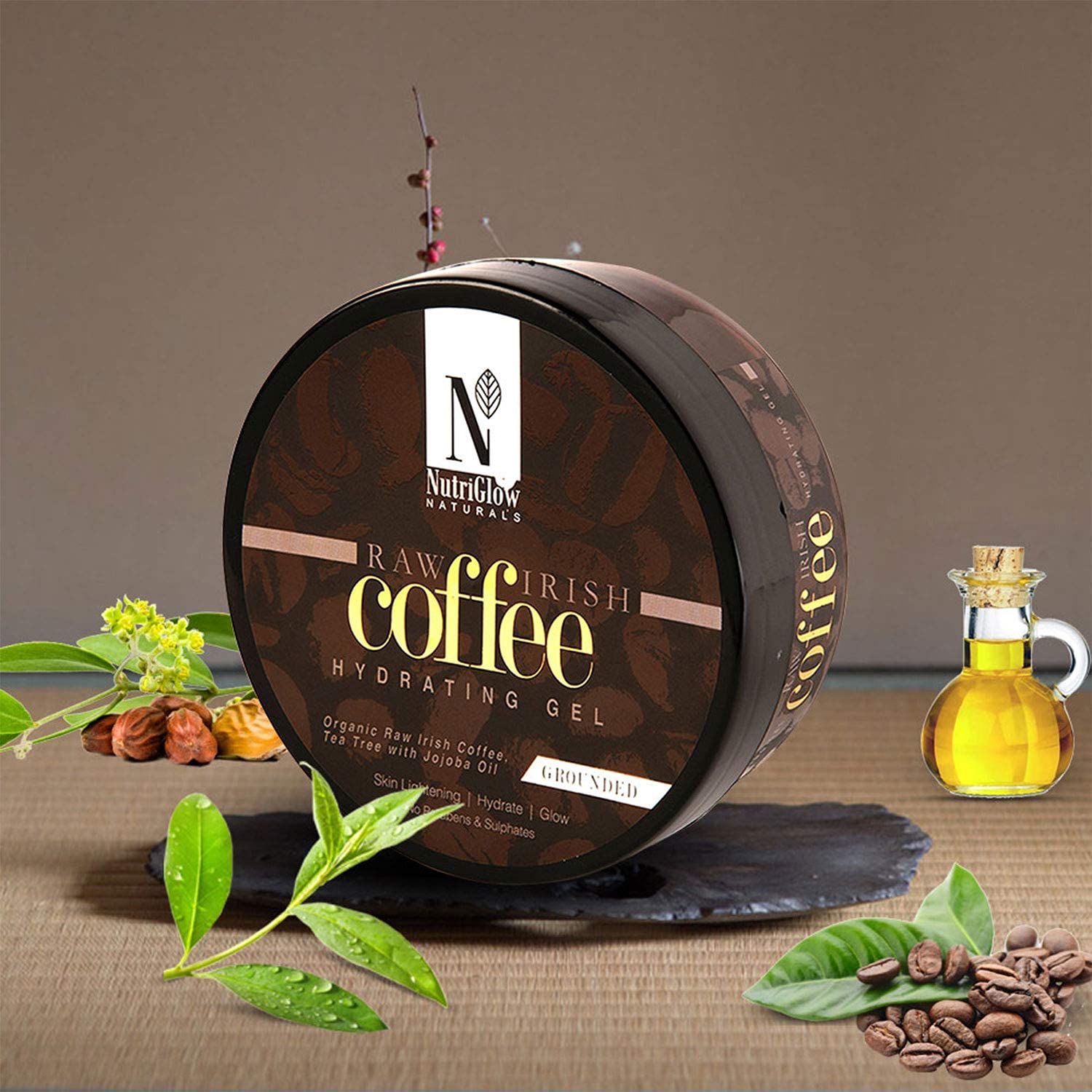 NutriGlow NATURAL'S Organic Raw Irish Coffee Hydrating Gel with Tea Tree & Jojoba Oil - Skin Brightening, Hydration & Glow - Paraben & Sulfate Free - 200g - Perfect for Daily Skincare Routine & Nighttime Hydration