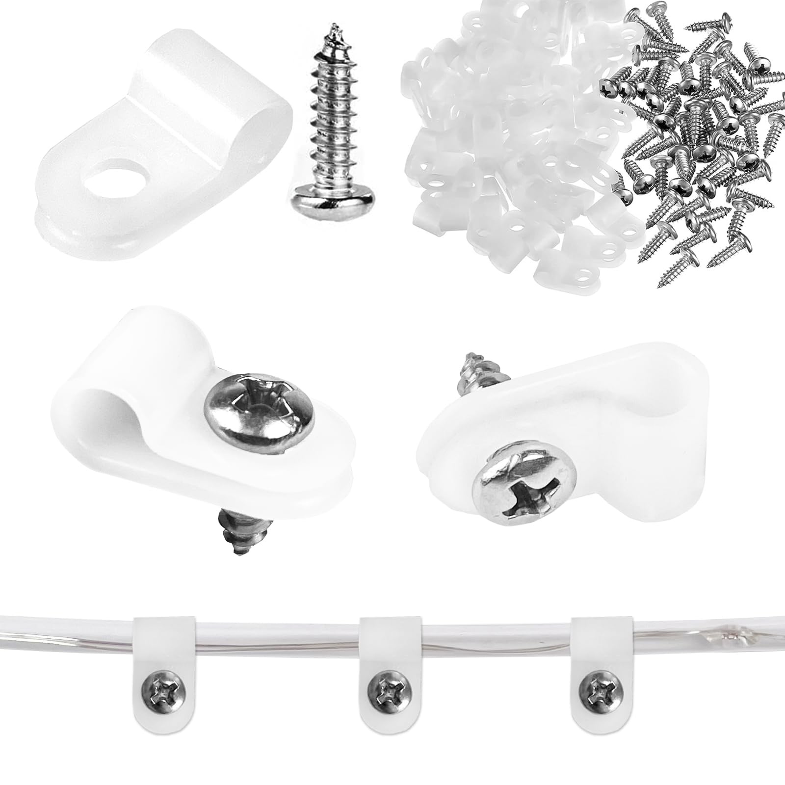 100 Pack 1/5 Inch P-Style Rope Light Clips with Stainless Steel Screws - Outdoor String Light Mounting Clips for Christmas Decorations, Garden Party & Patio Lighting