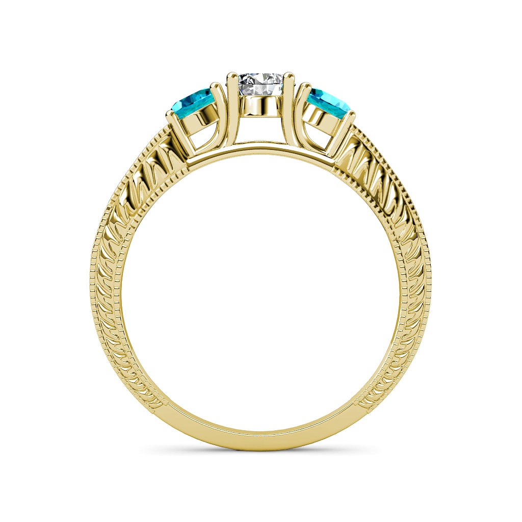 14K Yellow Gold Diamond & London Blue Topaz Milgrain Three-Stone Ring with Side Diamonds (0.85 ctw) - Perfect for Engagement, Anniversary & Special Occasion Jewelry Gifts