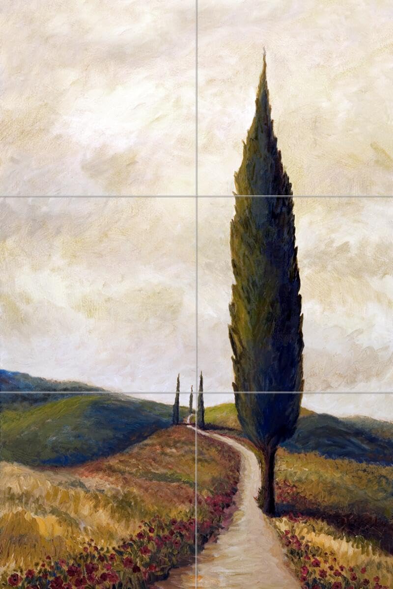 Hand-Painted Ceramic Backsplash Tile Mural - Tuscan Garden Landscape Design for Kitchen, Bathroom & Shower Walls - Afternoon in Tuscany Artwork by Joanne Margosian | Perfect for Farmhouse, Mediterranean & Rustic Home Decor
