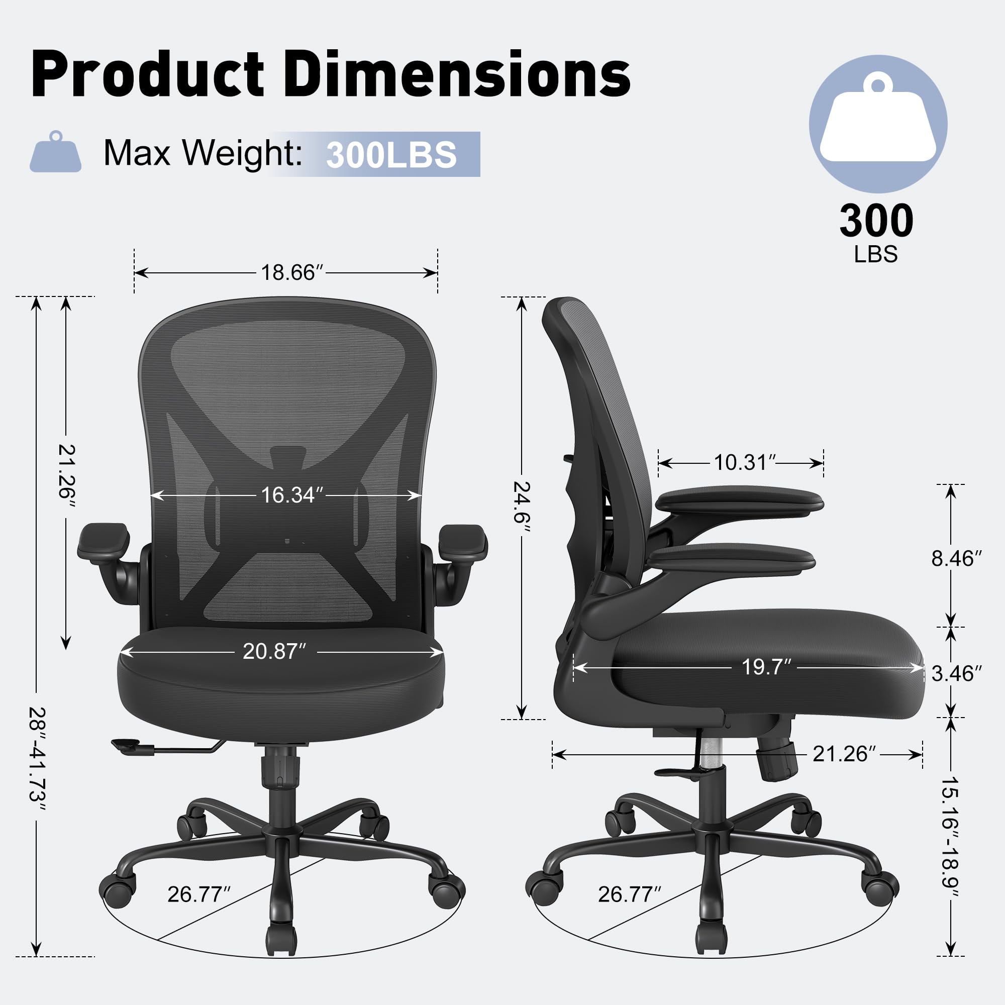 Ergonomic Mesh Office Chair with Adjustable Lumbar Support - Breathable Home Desk Chair with Wheels, Flip-Up Arms & Height Adjustment - Perfect for Home Office, Gaming & Workspace (Black)