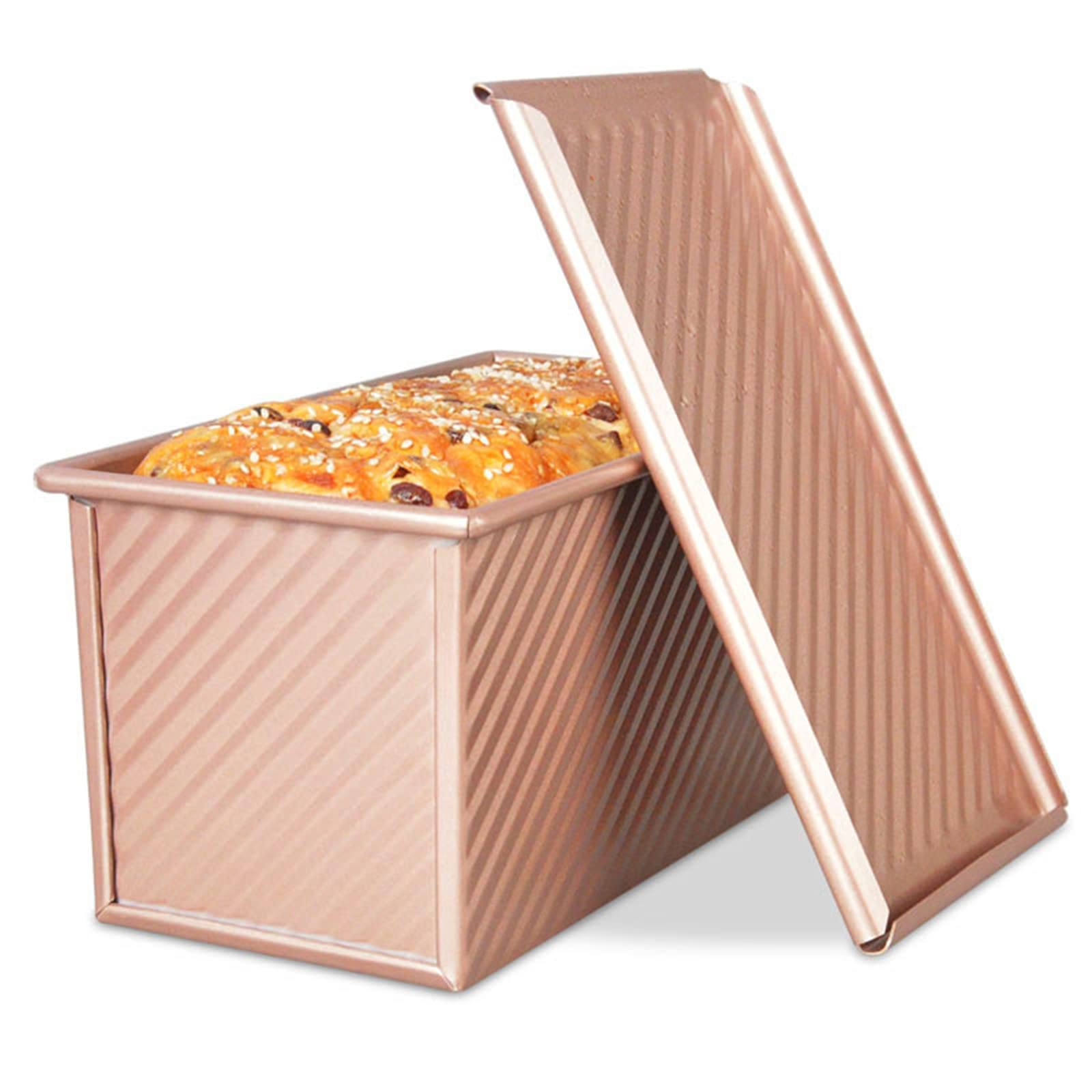 Nonstick Carbon Steel Loaf Pan with Lid - 1 Pound Dough Capacity, 7.7x4.1x4.4 Inch Gold Corrugated Bread Baking Pan for Homemade Bread, Toast & Cake - Perfect for Oven Baking & Kitchen Gift Ideas