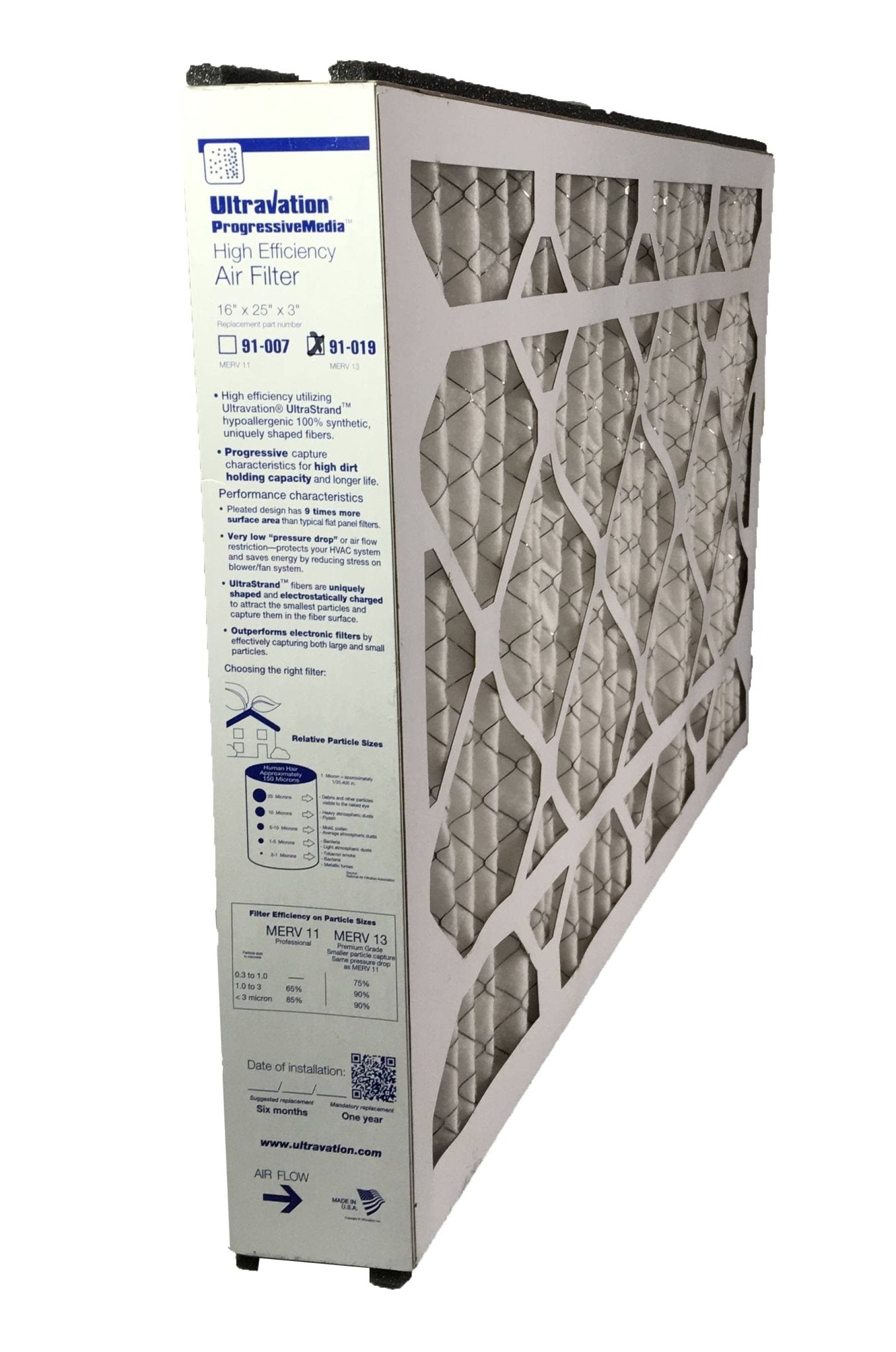 Ultravation 91 019 16x25x3 MERV 13 Replacement Furnace Air Filter - 2 Pack for Home HVAC System, AC Unit & Furnace - Improves Indoor Air Quality & Reduces Allergens