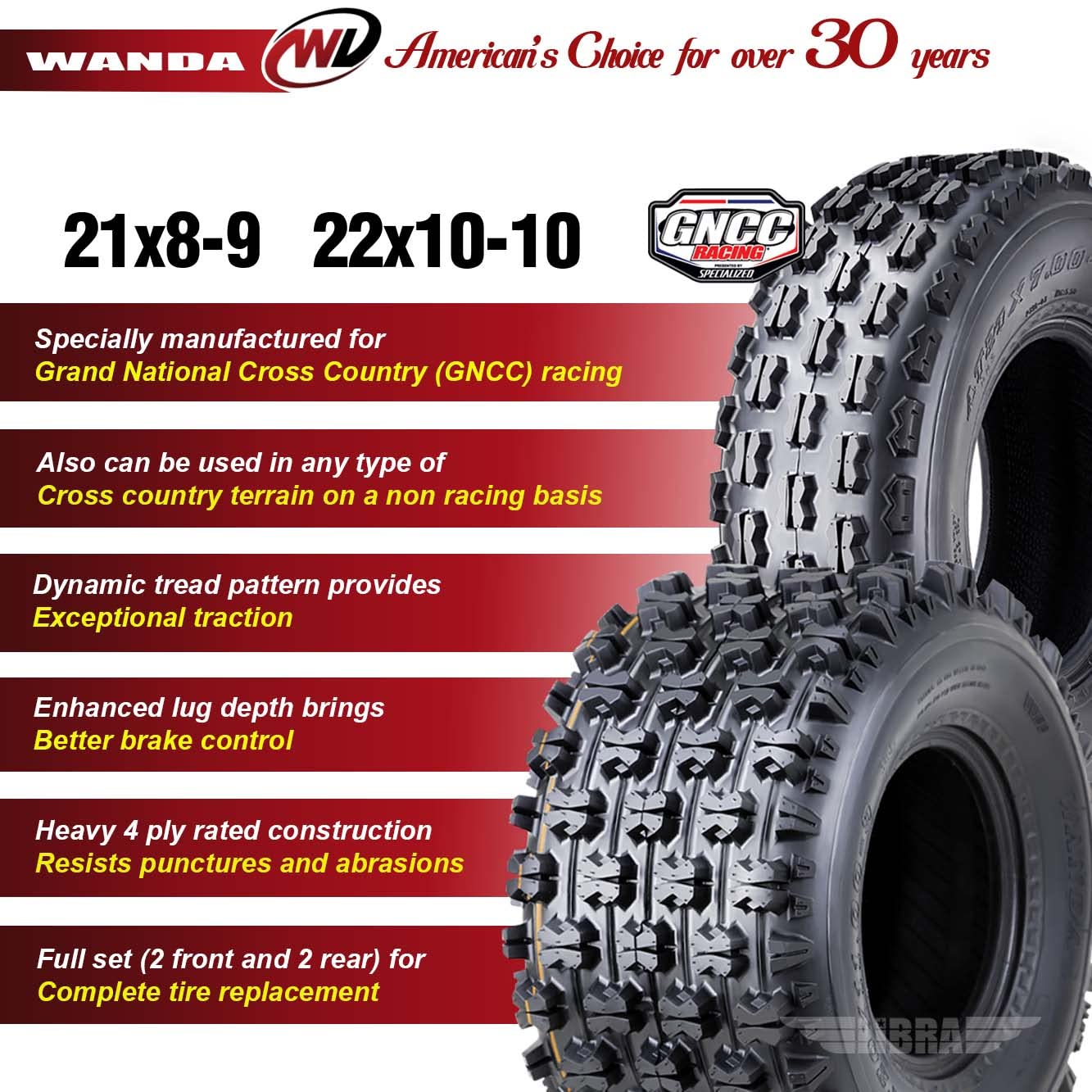 WANDA Set of 4 Sport ATV Tires - 21x8-9 Front & 22x10-10 Rear / 4PR GNCC Race Tires for Off-Road, Trail Riding & Mud Racing | Durable All-Terrain Performance