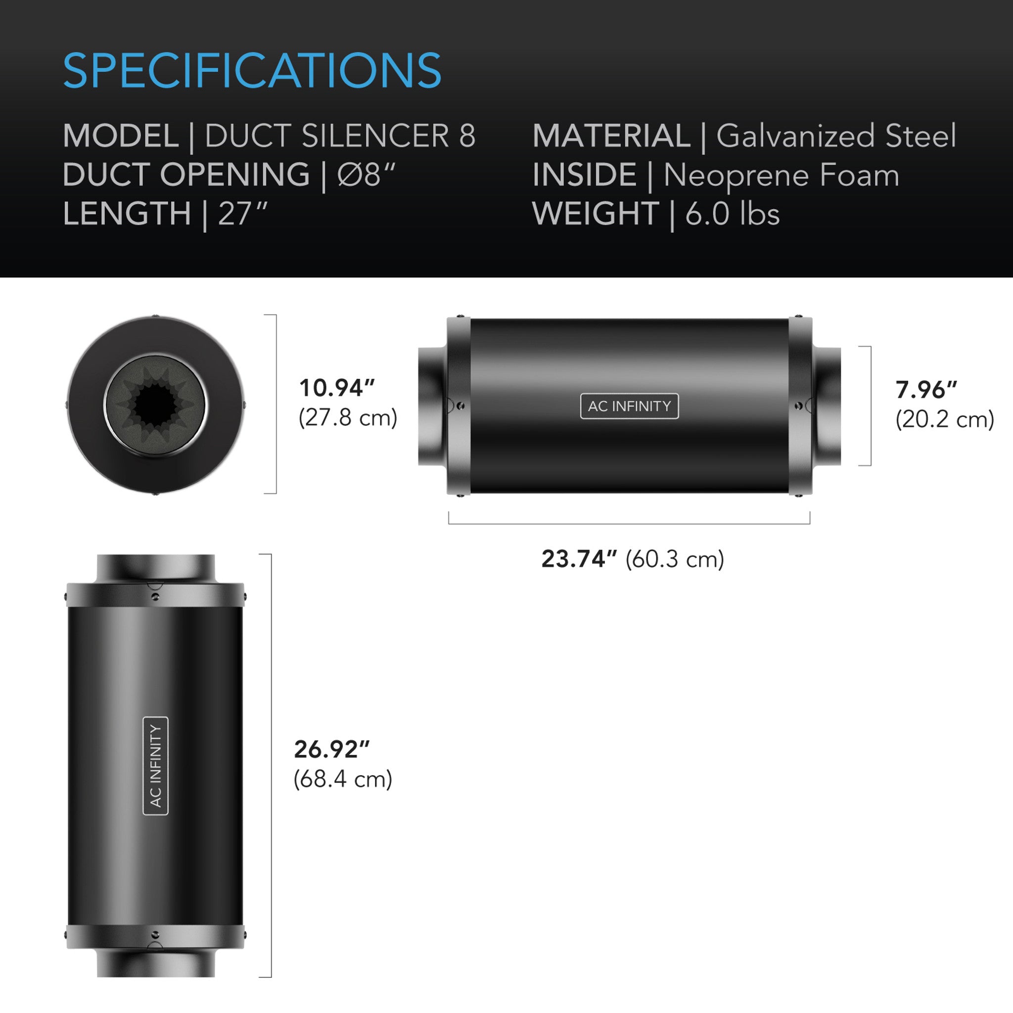 AC Infinity 8 Inch (200mm) Inline Duct Fan Silencer - Quiet Airflow Solution for Grow Tents, Hydroponics & Home Ventilation Systems