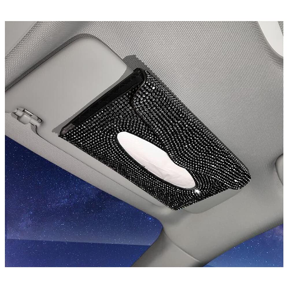 Sparkling Crystal Rhinestone Leather Car Sun Visor Tissue Box Holder - Black | Auto Napkin & Paper Towel Organizer | Perfect for Road Trips & Daily Commutes