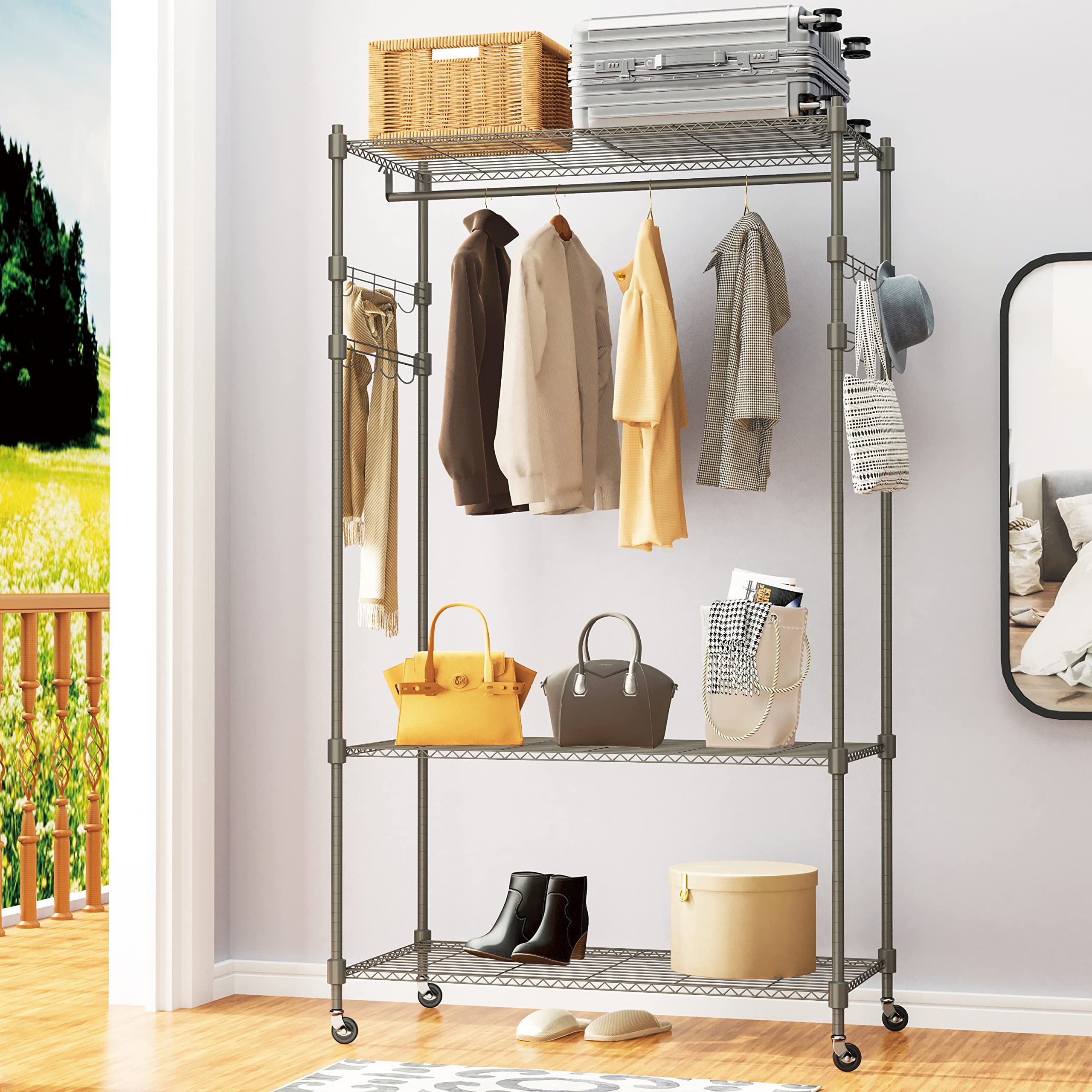 Himimi 3-Tier Heavy Duty Rolling Garment Rack with Shelves - Freestanding Closet Organizer with Lockable Wheels, Double Hanging Rods & Side Hooks - Gray - Perfect for Bedroom, Closet, Laundry Room & Clothing Storage Organization