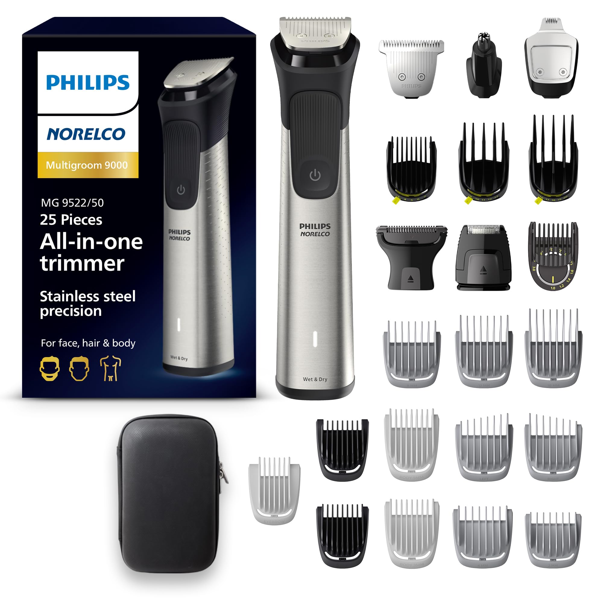 Philips Norelco Multigroom 9000 Series All-in-One Trimmer - 25-Piece Men's Grooming Kit for Beard, Face, Nose, Ear & Body Hair (MG9522/50) | Professional Beard Trimmer & Hair Clipper with 27 Length Settings | Perfect for Travel & Home Grooming